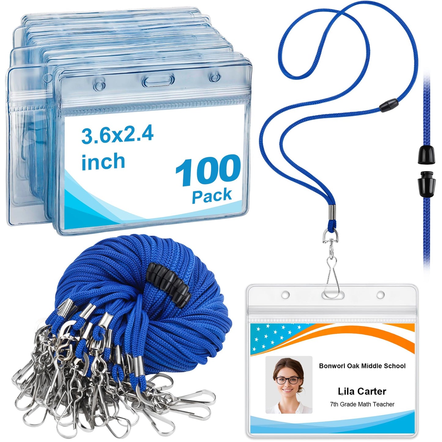 Breakaway Lanyards for ID Badges, 100 Pack Blue Safety Lanyards with Horizontal ID Card Holder, Bulk Clear Waterproof Name Badge Holder with Lanyard for School, Office, Healthcare & Events