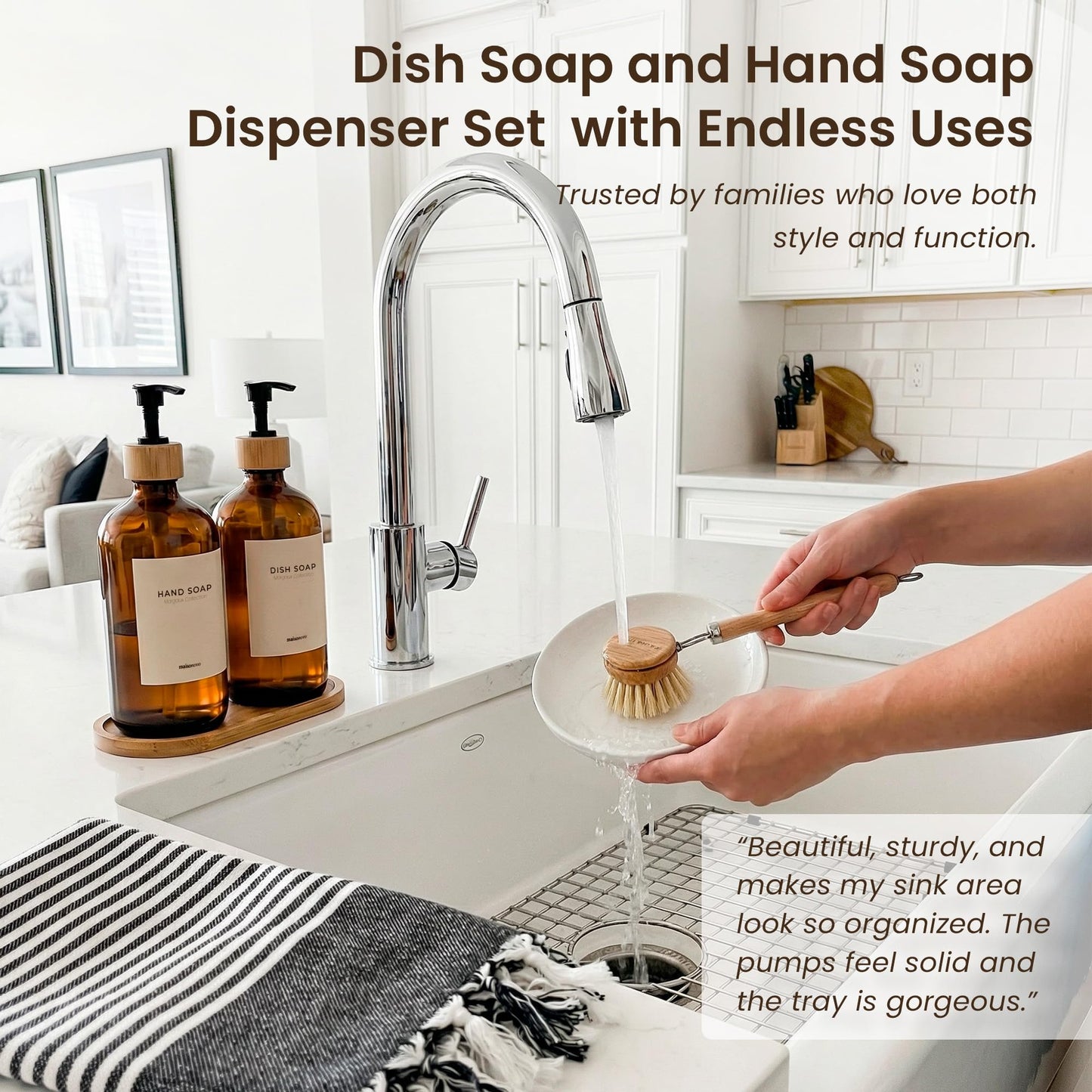 MaisoNovo Glass Dish Soap Dispenser for Kitchen Sink Set of 2-500 ml Dish and Hand Soap Dispenser Set for Kitchen - Amber Glass Bottles with Black Bamboo Pumps x 2, Bamboo Tray