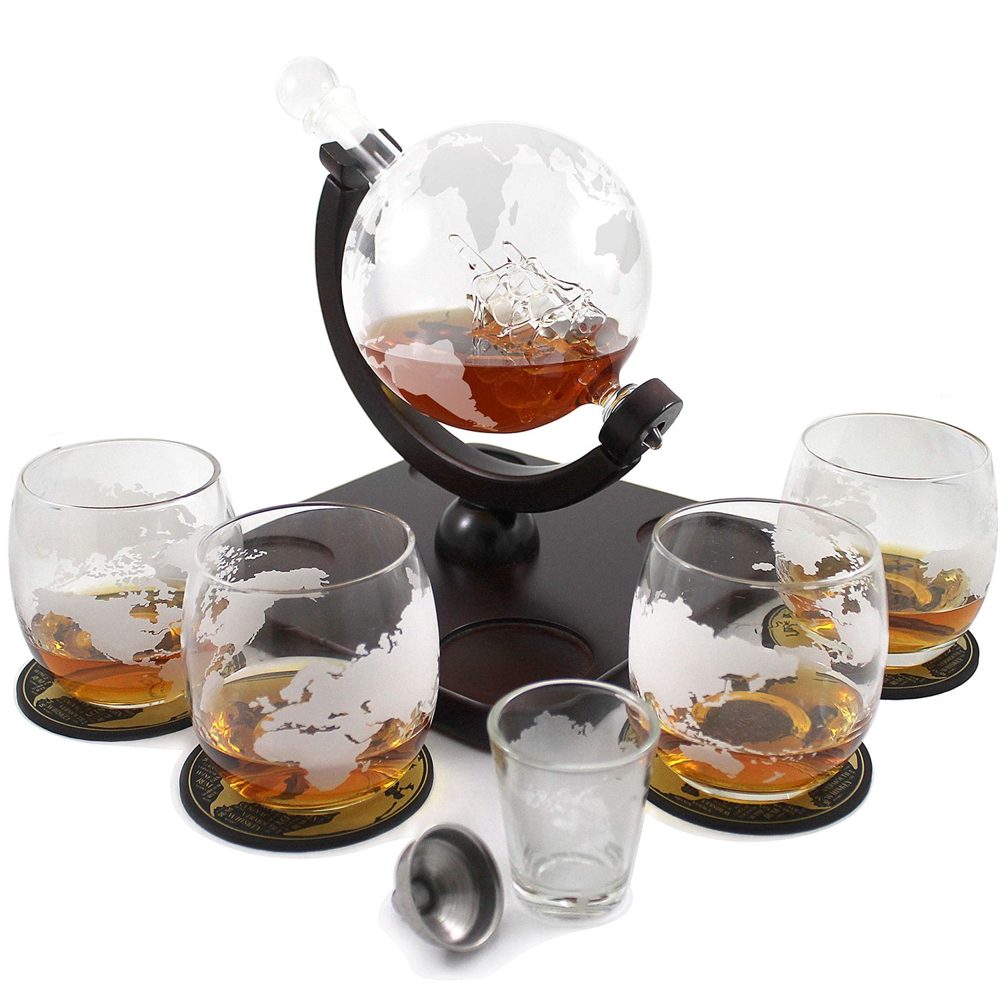 Krown Kitchen - Globe Decanter Gift Set. Includes Wood Base, 4 Glasses, 4 Coasters, Shot Glass, and Funnel.