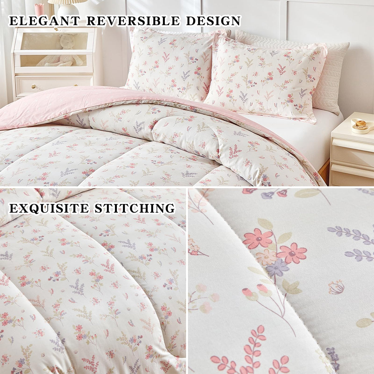 Joyreap 3pcs Cotton Comforter Set for Girls, Pink Floral Design, Twin Size Soft n Cozy Bedding Comforter Set for All Season- 68x88 inches