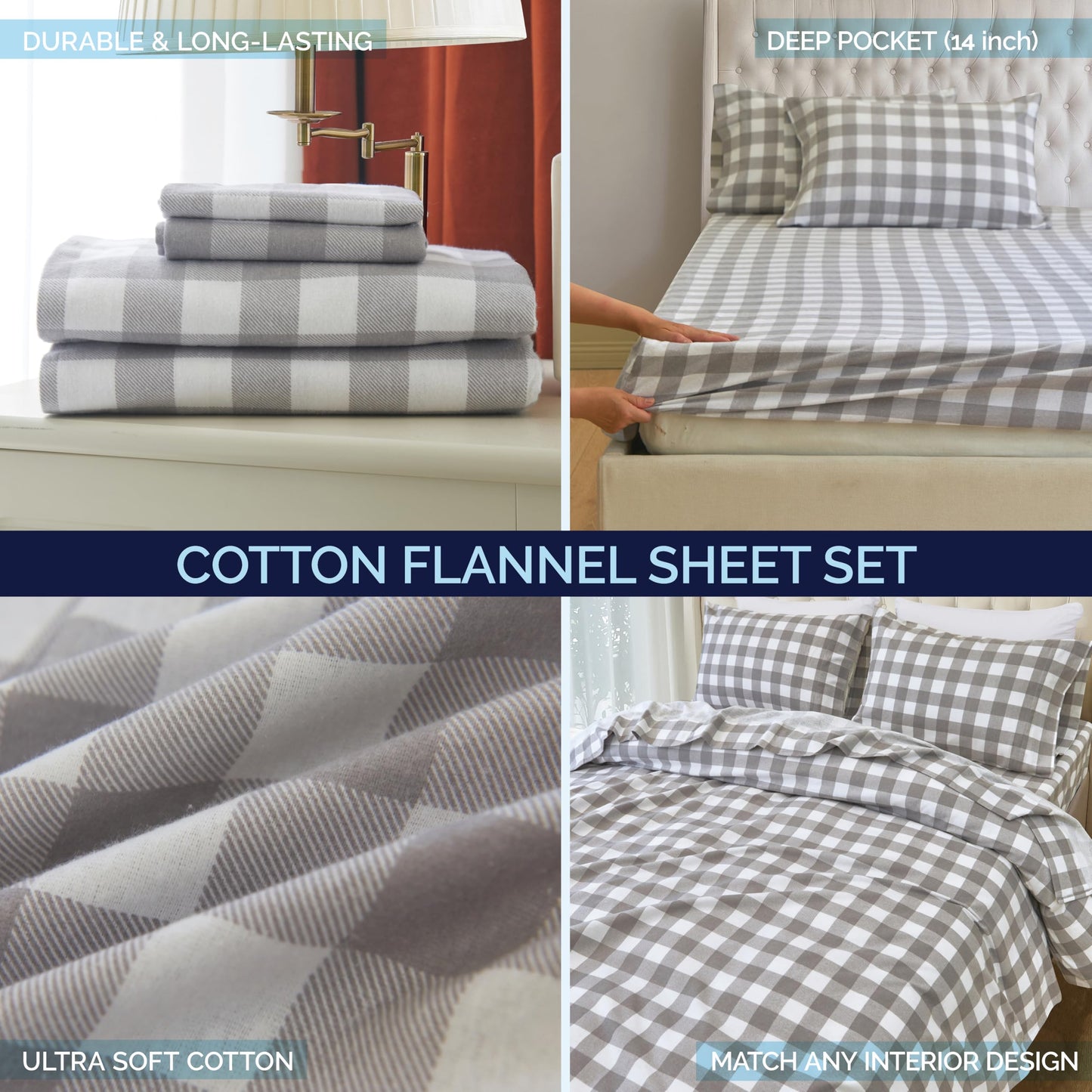 Elegant Comfort Soft 4-Piece 100% Turkish Cotton Flannel Sheet Set - Premium Quality, Deep Pocket Fitted Sheet, Ultra Soft, Cozy Warm Flannel Sheets - King, Buffalo Check Gray