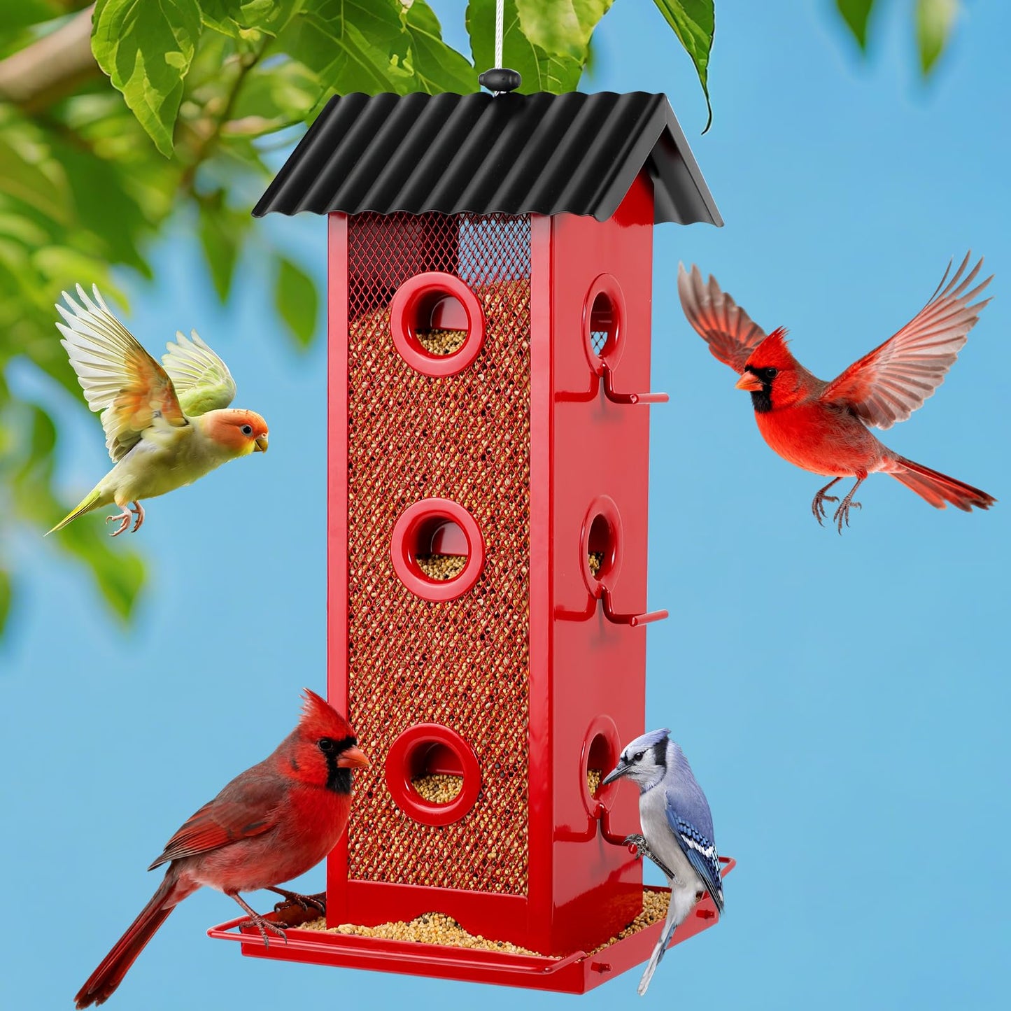Shineforu All Metal Bird Feeder for Outdoors Hanging | 14-Port Multi-Bird Viewing | Rust-Proof, Waterproof & Easy-Clean | Attracts Cardinals, Finches, Chickadees & More (Elegant Red & Black)