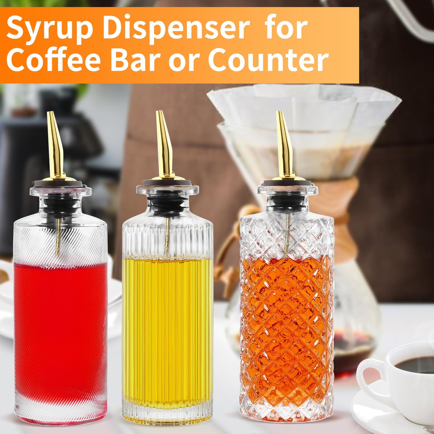 INFTYLE Coffee Syrup Dispenser Olive Oil and Vinegar Glass Bottle Set of 6 Ideal for Kitchen, Coffee Bar, Clear Simple Small Syrup Bottles, with Leak-Proof Lids, Pour Spout, Glass Stopper