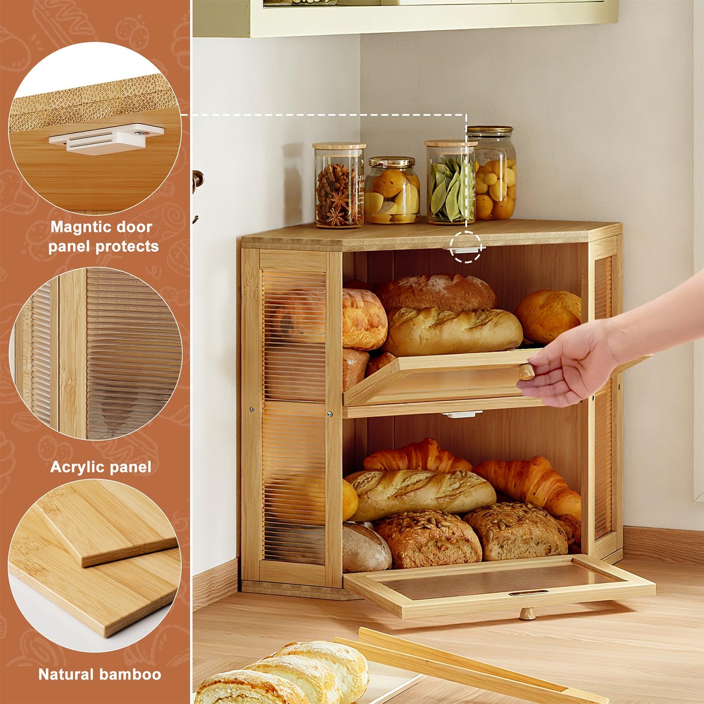 WOWLIVE Corner Bread Box for Kitchen Countertop, Double Layer Bamboo Bread Storage Container, Large Farmhouse Bread box with Acrylic Wavy Door Panel, Under Cabinet Organizer (Natural, Medium)
