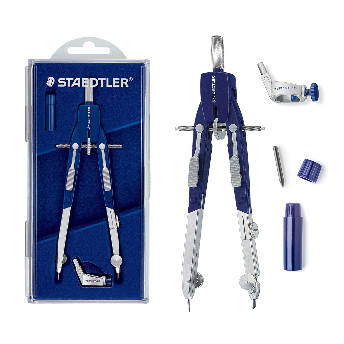 STAEDTLER Comfort Metal Quick Setting 6" Compass 2 Piece Set: Universal Adapter, Push-Button Mechanism & Extra Leads - Draws Circles up to 350mm