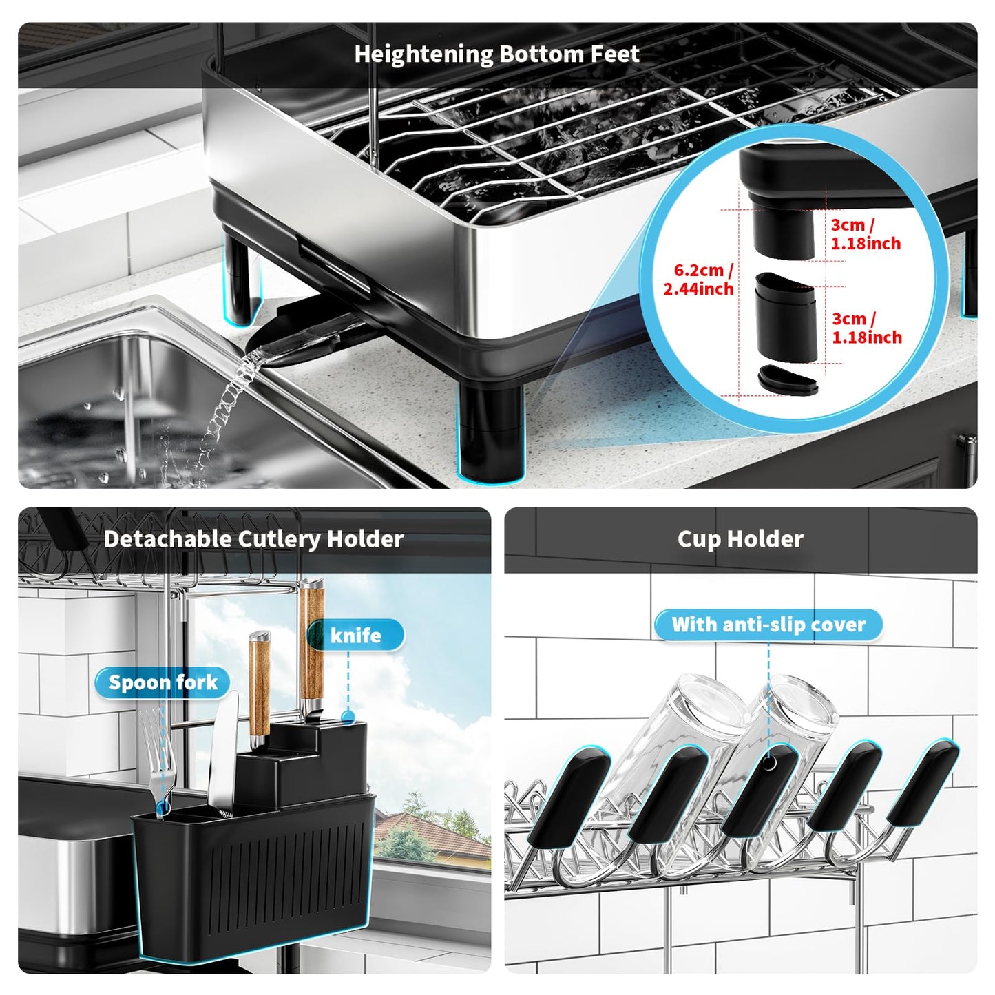 Ewaiira Dish Drying Rack, 2 Tier Large Dish Rack, Stainless Steel Dish Drainer for Kitchen Counter, Dishes Rack with Automatic Drainage, Utensil Holder,Cups Holder,Space Saving Kitchen Organizer,Black