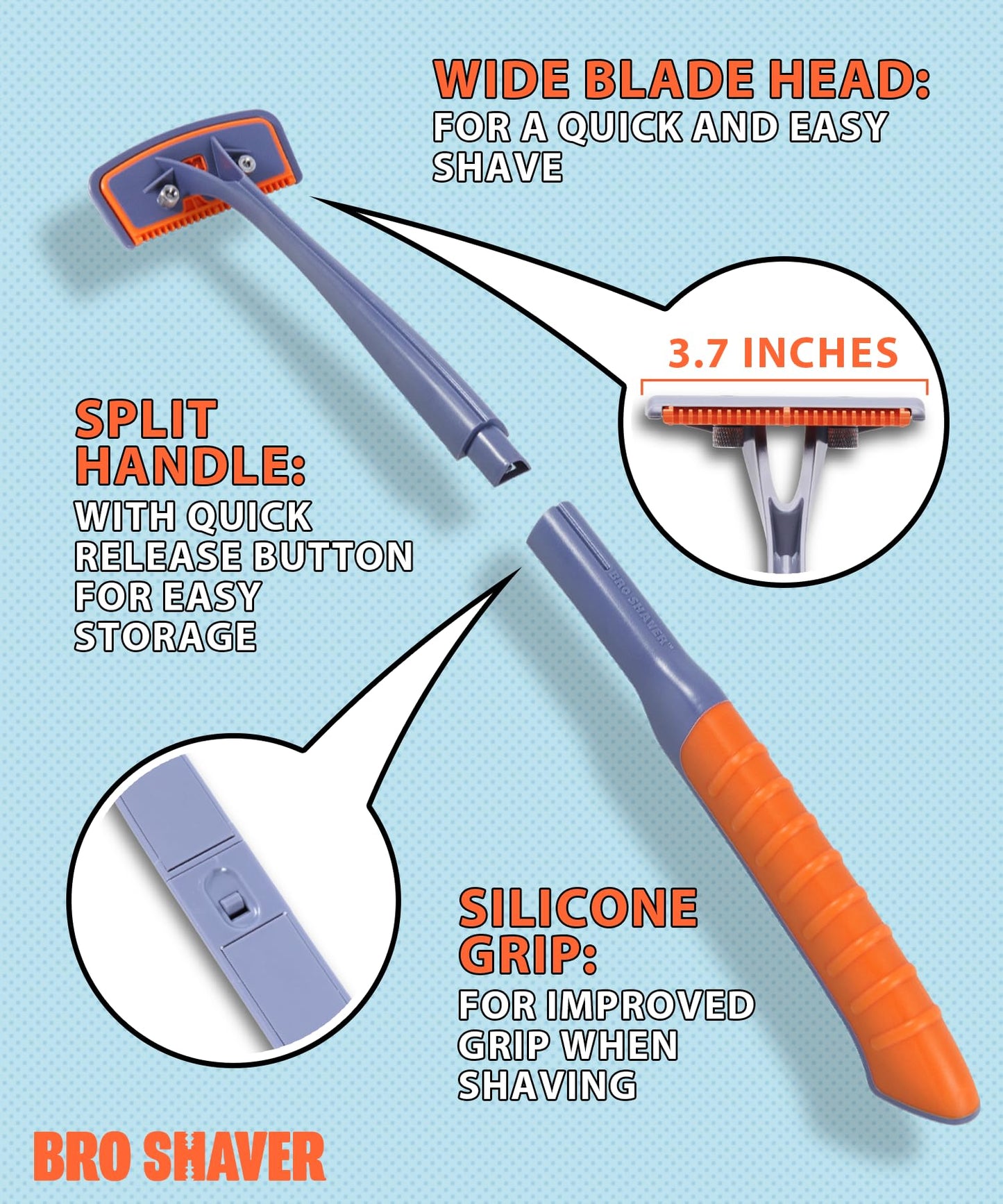 BRO SHAVER 3.0, Back Shaver for Men (DIY) Back & Body Hair Trimmer. Shave Wet or Dry Back Hair. Ergonomic Handle Uses Double Edge Razor Blades.