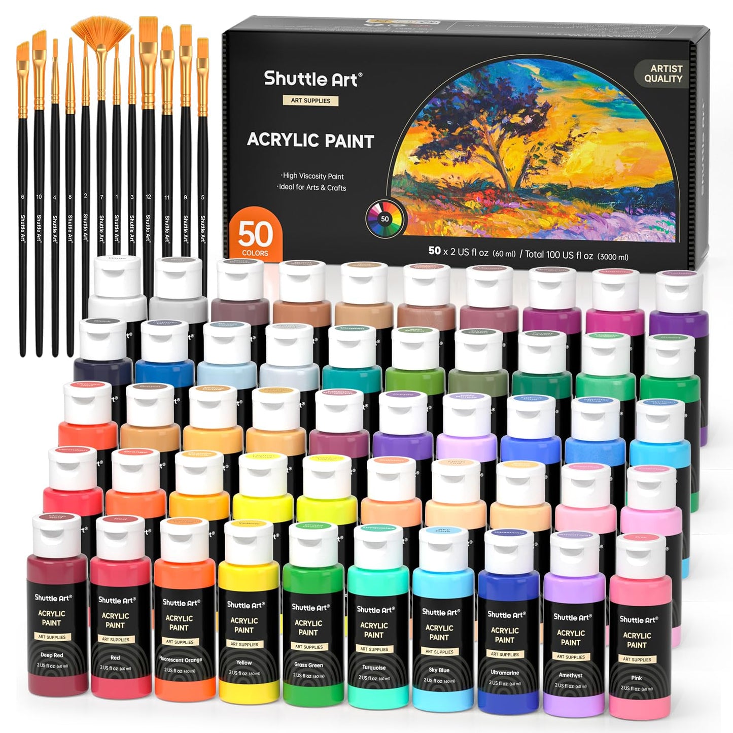 Shuttle Art Acrylic Paint, 50 Colors Acrylic Paint Set, 2oz/60ml Bottles, Rich Pigments, Water Proof, Premium Acrylic Paints for Artists, Beginners on Canvas Rocks Wood Ceramic Fabric