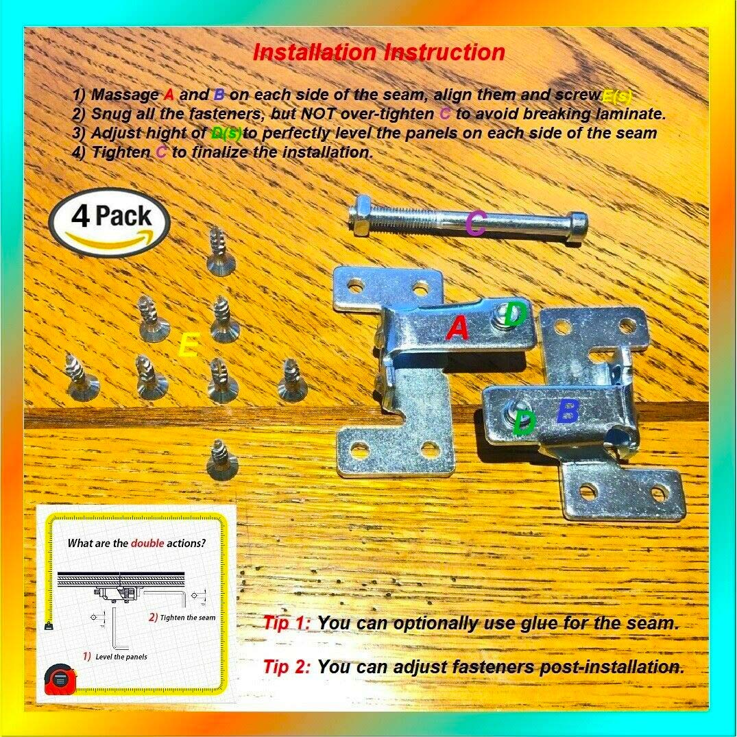 Countertop Joint Fasteners Double Action - 4-Pack, Adjustable Flip Bolt Fastener for Counter-top Table-top Connector Hardware, Miter Draw Bolt Joint Seam Woodwork Surface Connector Kit