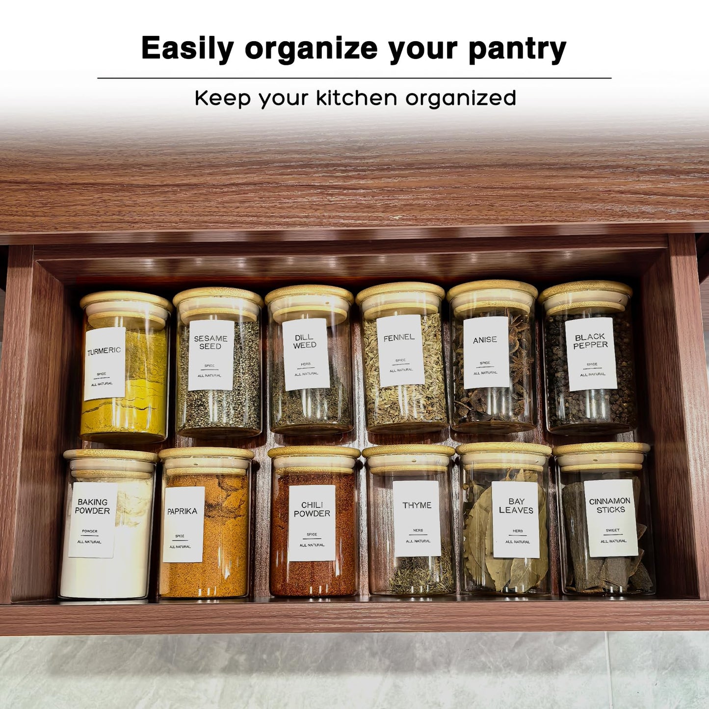 Kuocodall 12 Pcs Glass Spice Jars with Bamboo Airtight Lids & 201 Labels - 8oz Small Empty Food Storage Containers for Kitchen, Seasonings, Herbs, Salt