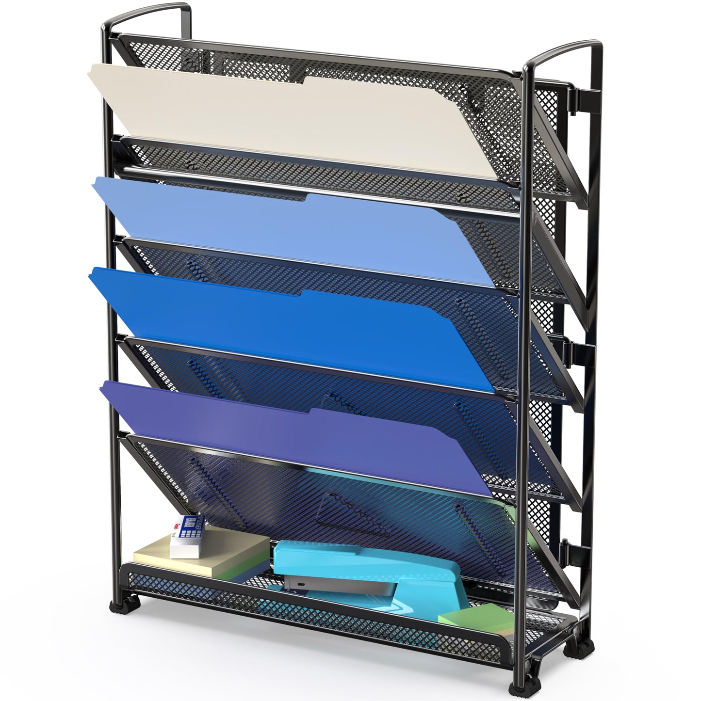 Simple Houseware 6-Tier Mesh Wall Mount File Organizer & Desktop Paper Holder - 5 Tilted Trays + 1 Flat Bottom Tray, Wall Mount Hardware Included, Black