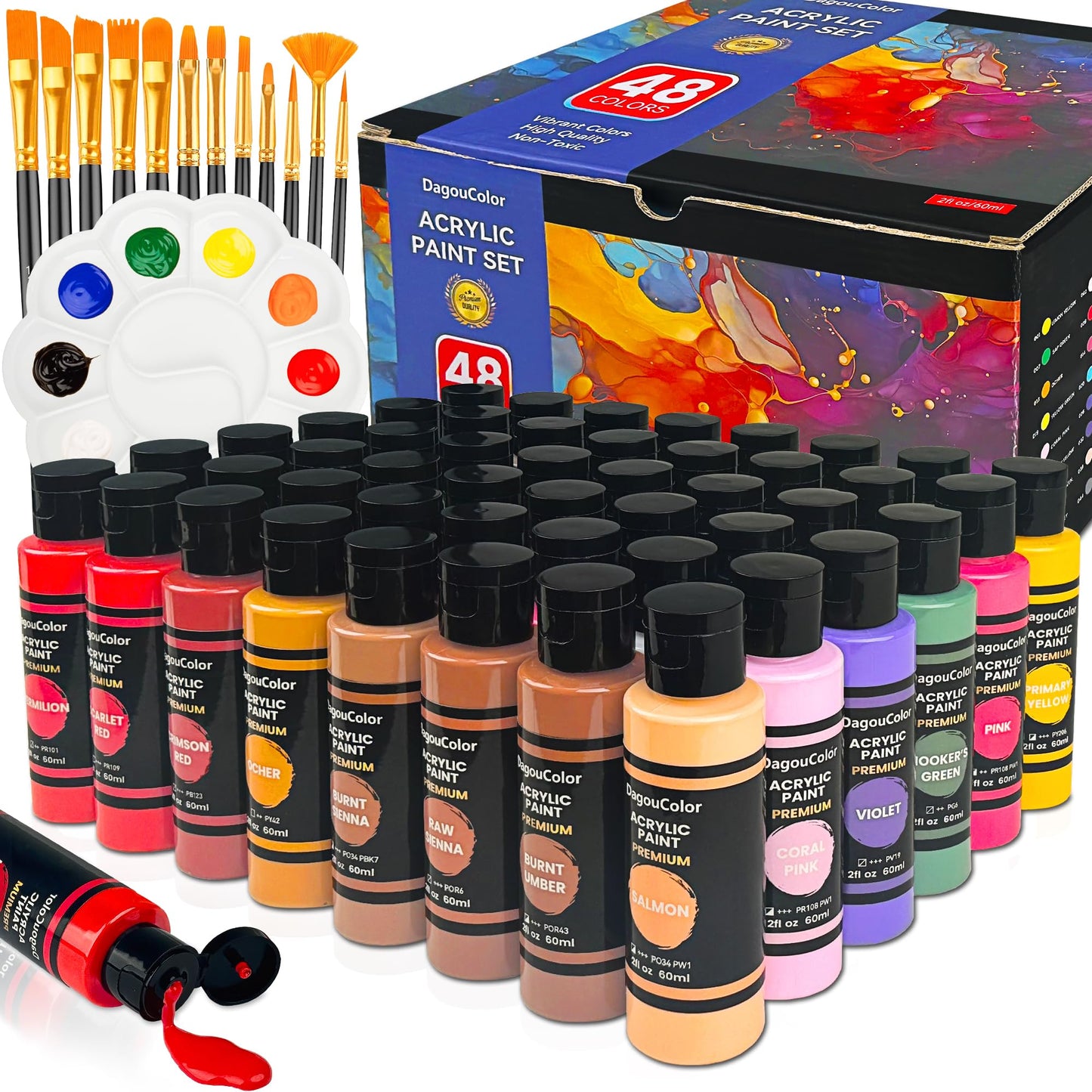 DagouColor 48 color Acrylic Paints Set, Brushes Palette Art Supplies Gifts for Kids & Adults, Fantastic Vibrant Pigment Art sets for Beginners and Professional Artists