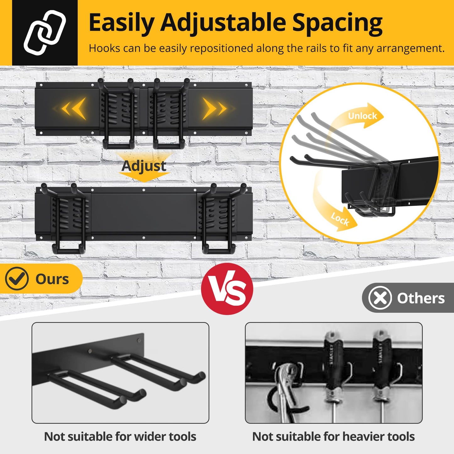 Garage Storage & Garage Organization - Garage Wall Organizer with Heavy Duty Garage Hooks, 6 Double-Layer Hangers, 3 Extension Cord Straps, 48-Inch Garden Tool Organizer, 600lbs Capacity