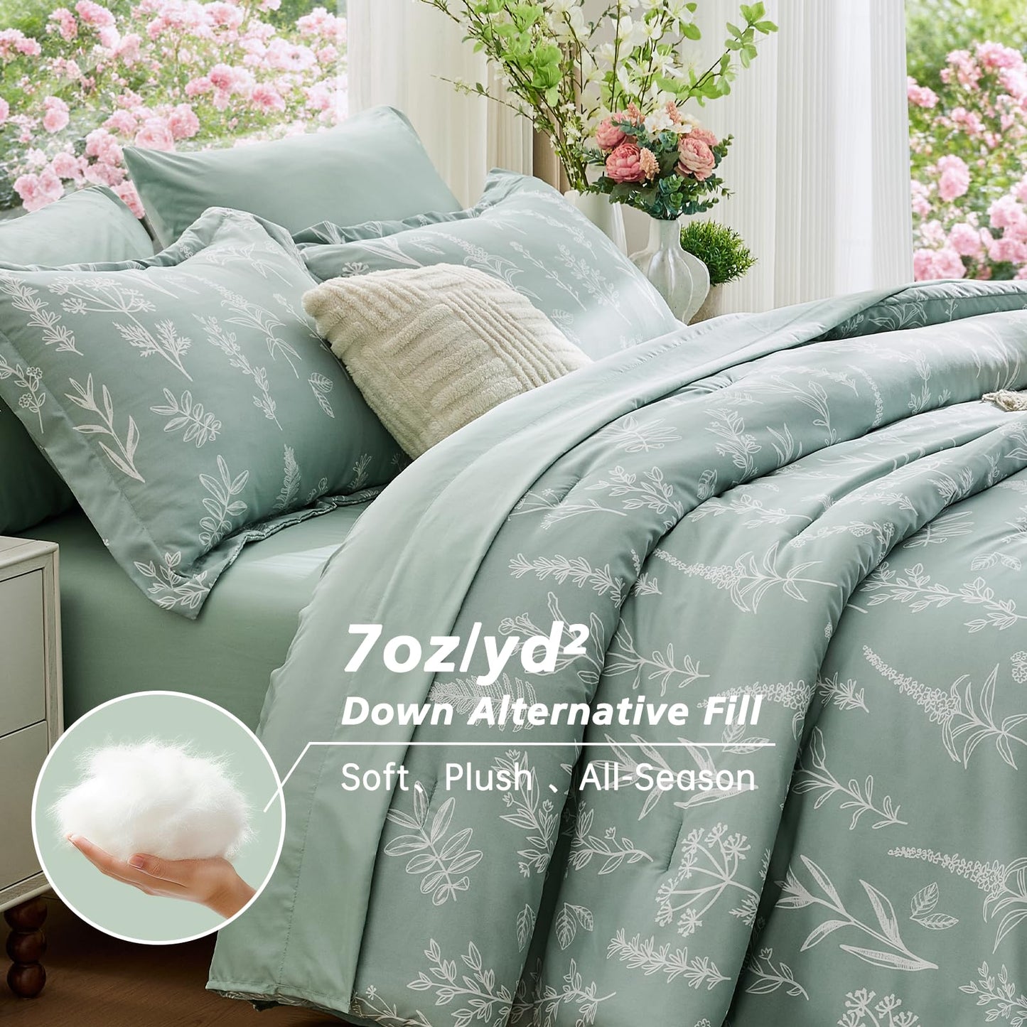 MUXHOMO Bed in a Bag Queen 7 Pieces, Sage Green Queen Comforter Set Reversible Botanical Flowers Design, Ultra Soft & Breathable Bedding Sets with Comforter, Sheets, Pillowcases & Shams