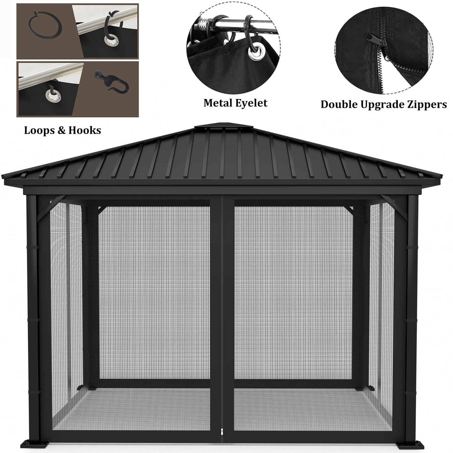 Mosquito Net Screen Walls for Outdoor Gazebo Canopy, 4-Panel with Zipper, Patio Tent Netting (Black, 10 * 10 FT)