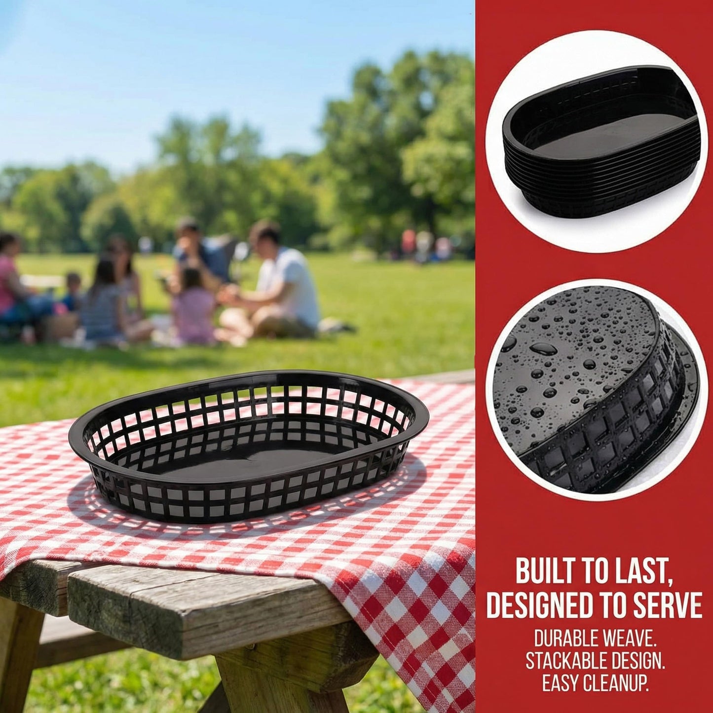 Cedilis 40 Pack Fast Food Baskets, 10.5 x 7 Inch Black Plastic Baskets, Food Service Tray for Hot Dogs, Burgers, Sandwiches, Fries, Barbecues, Picnics, Parties