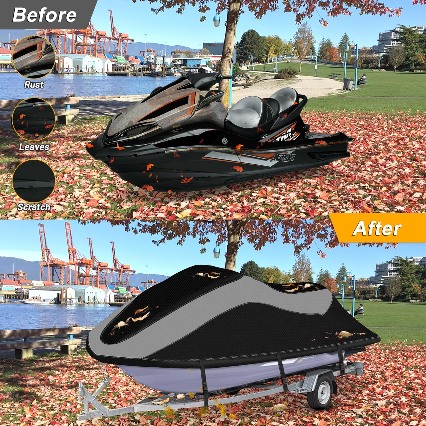 XYZCTEM Trailerable Jet Ski Cover, Waterproof Upgraded Oxford Fabric Personal Watercraft Cover with Reflective Air Vent, Fits Seadoo, Yamaha, GTX, Kawasaki, Honda, Polaris (3 Seater 126" to 135" L)