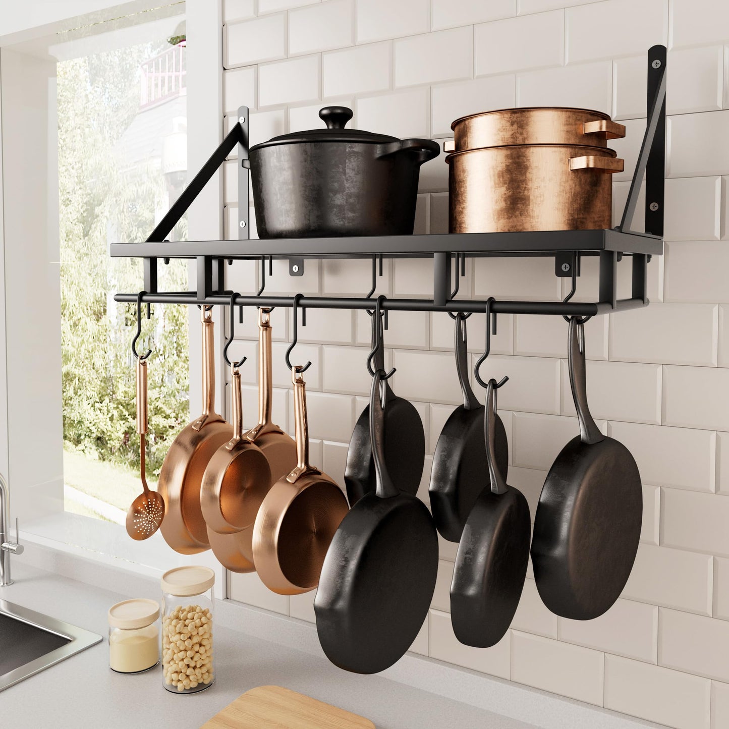 KES Pot Rack 24 Inches Kitchen Pot and Pan Organizer Rack Wall Pot Hangers With 10 Hooks Matte Black, KUR215S60-BK