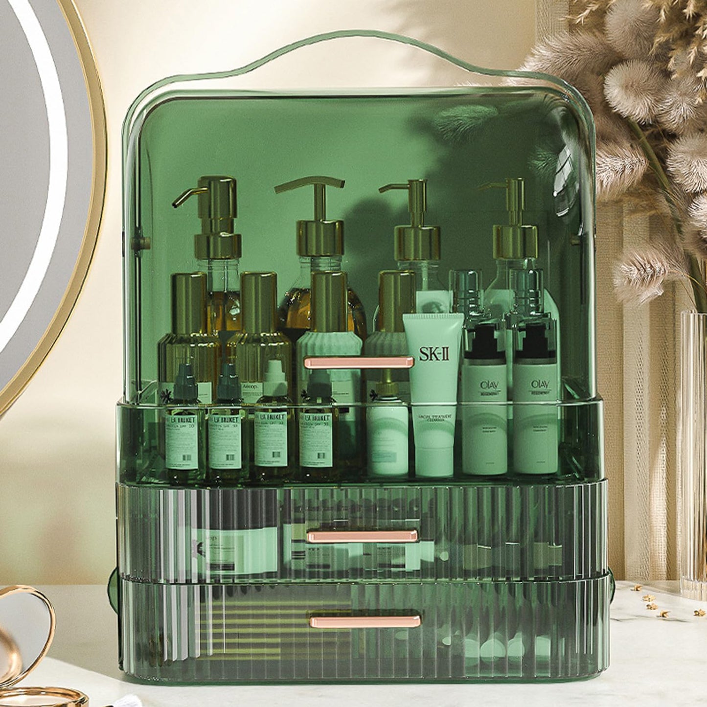 LINFIDITE Cosmetics Storage Box Transparent Lid Large Makeup Organizer Box Drawers Portable Handle Waterproof Dustproof Skincare Display Cases for Countertop, Bathroom, Dresser,Gift Clear Green