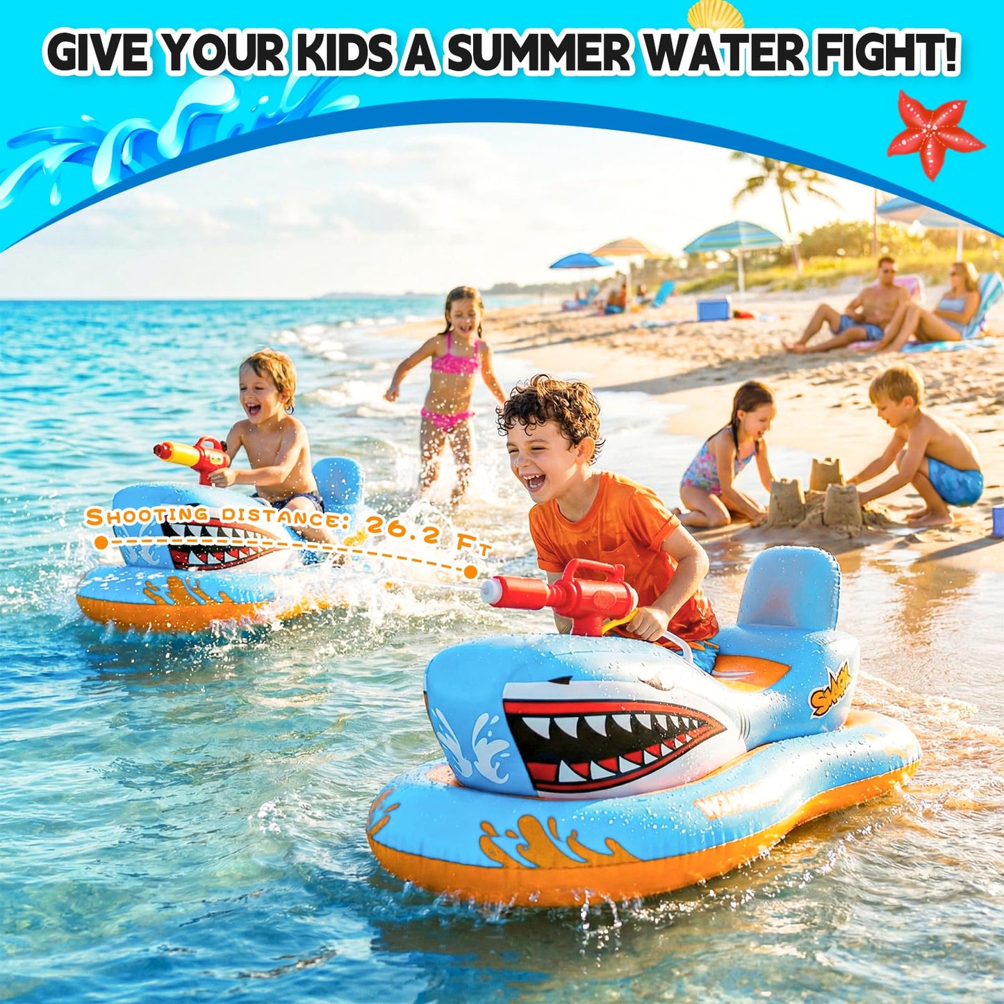 WINGYZ Pool Floaties for Kids with Water Gun, 2026 New Inflatable Swimming Pool Rafts Toys Boat, Shark Shaped Ride-on Pool Floats for Kids Aged 3-12,Use for Summer Pool Beach Water Toys Games Party