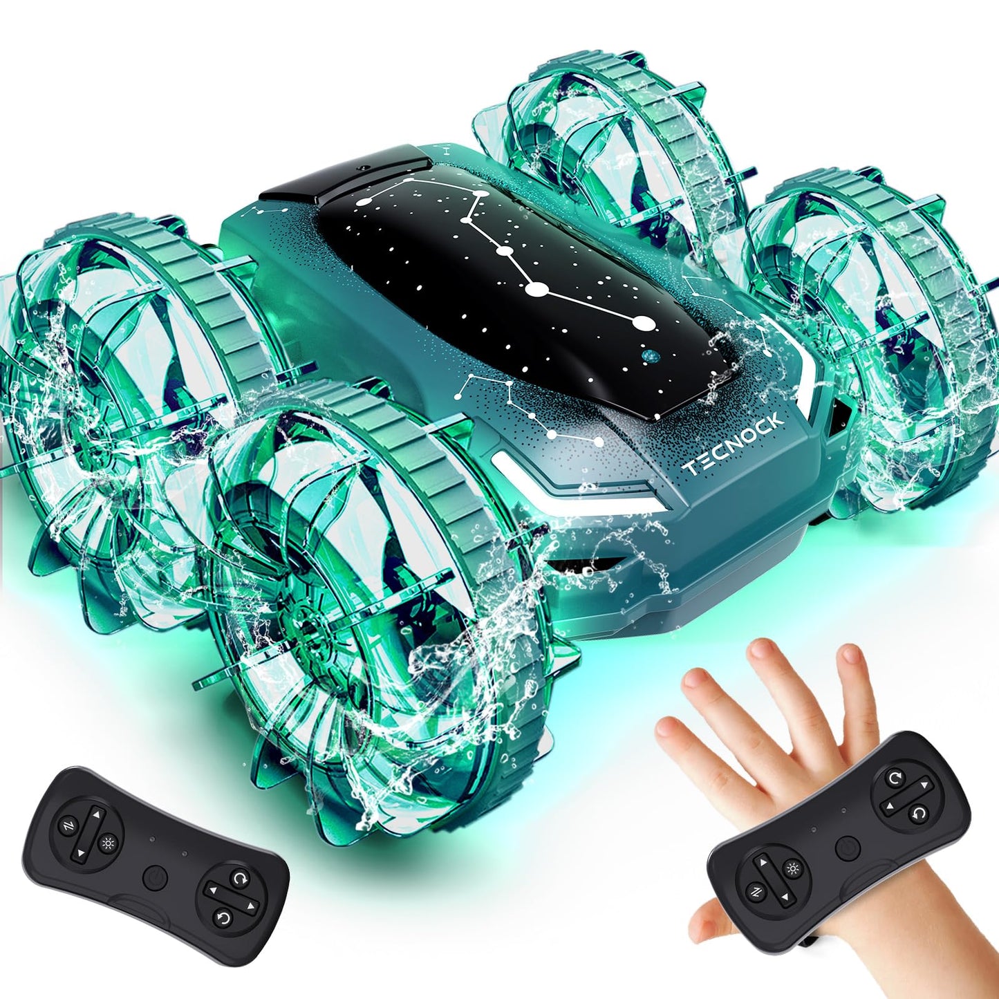 Tecnock Amphibious Remote Control Car Boat, 4WD Gesture RC Cars with Magnetic Charging, 60 Min Playtime, LED Lights, Pool Toys for Kids Ages 6-12, Gift Toys for Boys Girls