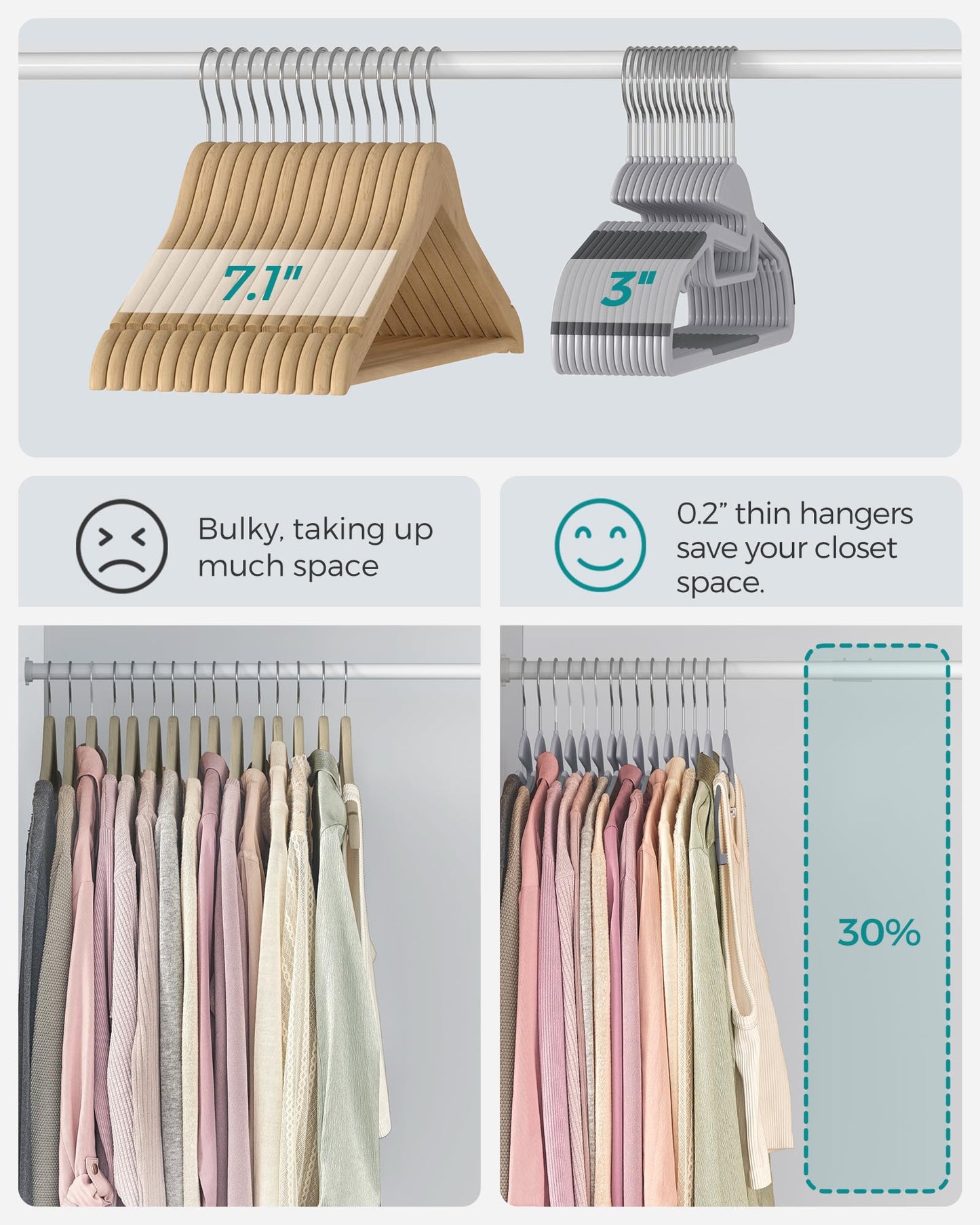 SONGMICS 50 Pack Coat Hangers, Heavy-Duty Plastic Suit Hangers, S-Shaped Opening, Non-Slip, Space-Saving, 360º Swivel Hook, 16.3 Inches Long, Light Gray and Dark Gray UCRP41G-50