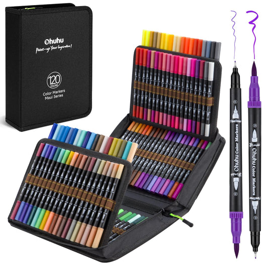 Ohuhu Markers for Adult Coloring Books: 120 Colors Brush Pens Dual Brush Fine Tip Drawing Pens Water-Based Coloring Markers for Calligraphy Bullet Journal with Carrying Case - Maui - Black