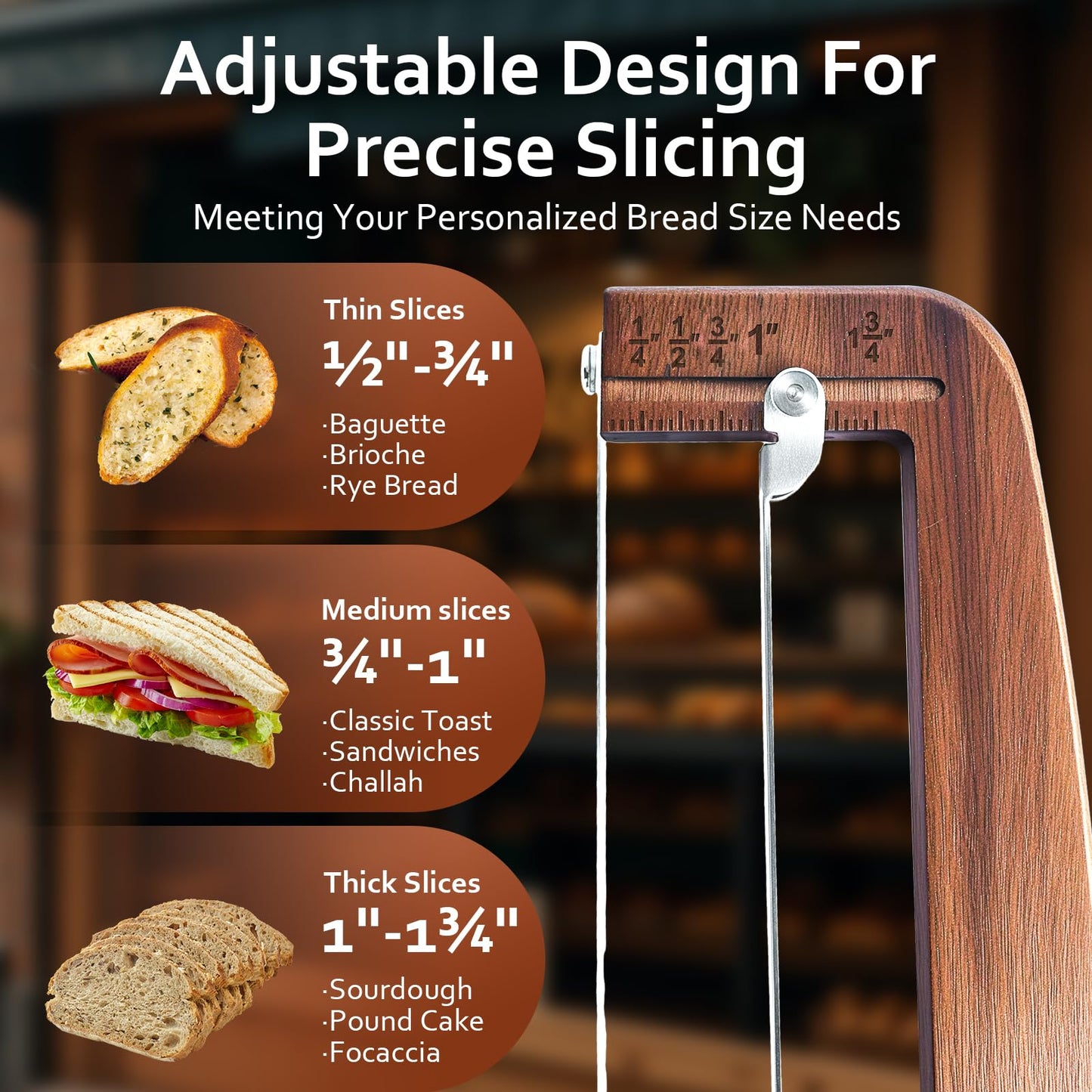 Bread Slicer for Homemade Bread,Adjustable Wooden Sourdough Bread Knife with Thickness Guide & Ultra-Sharp Serrated Blade, Perfect Cutter for Crusty Baguette,Loaves,and Cake,Great Gift for Baker