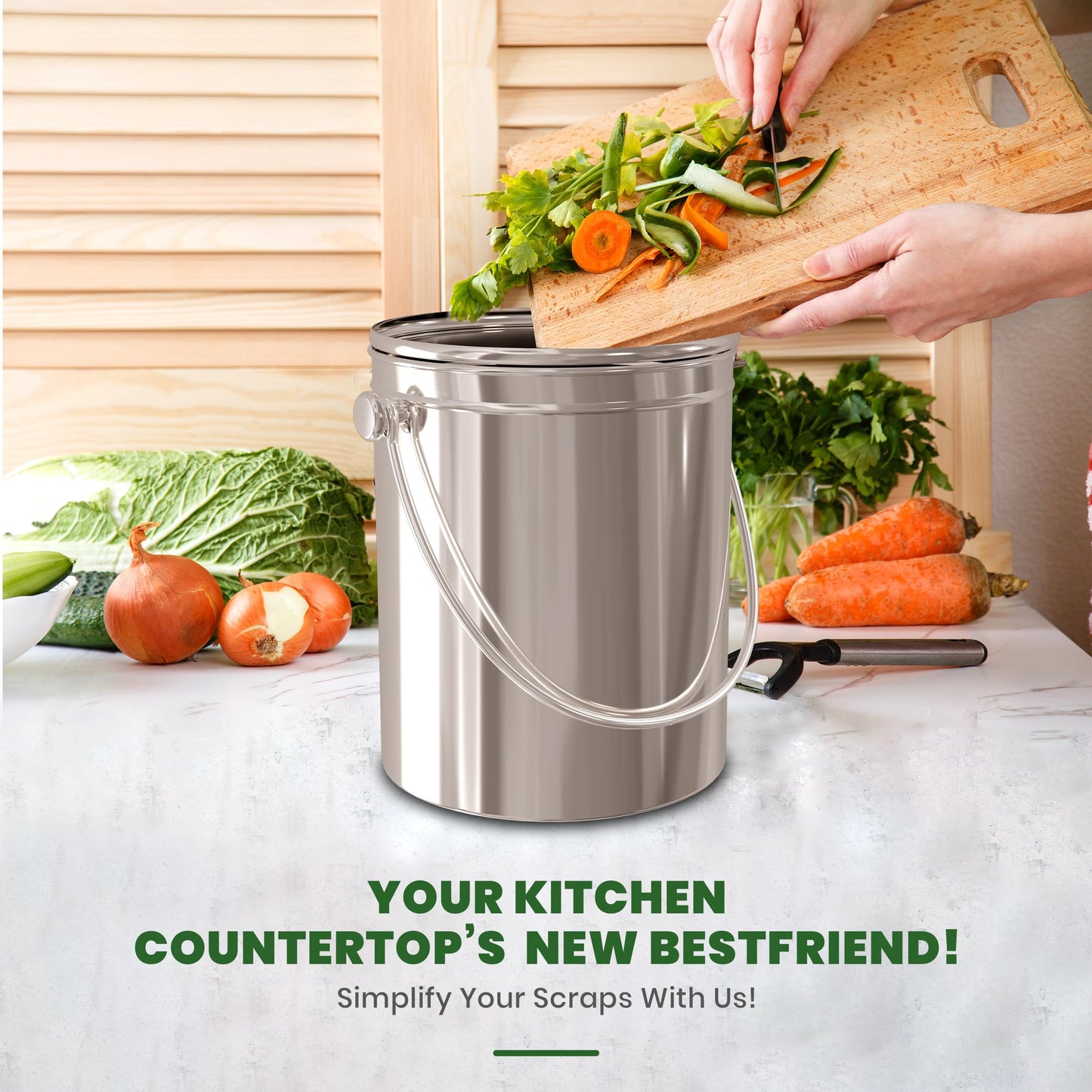 KICHLY Compost Bin, Stainless Steel Bin for Kitchen Countertop, 1.3 Gallon Composting Bucket, Compost Pail with Lid, Includes 1 Spare Charcoal Filter, Silver