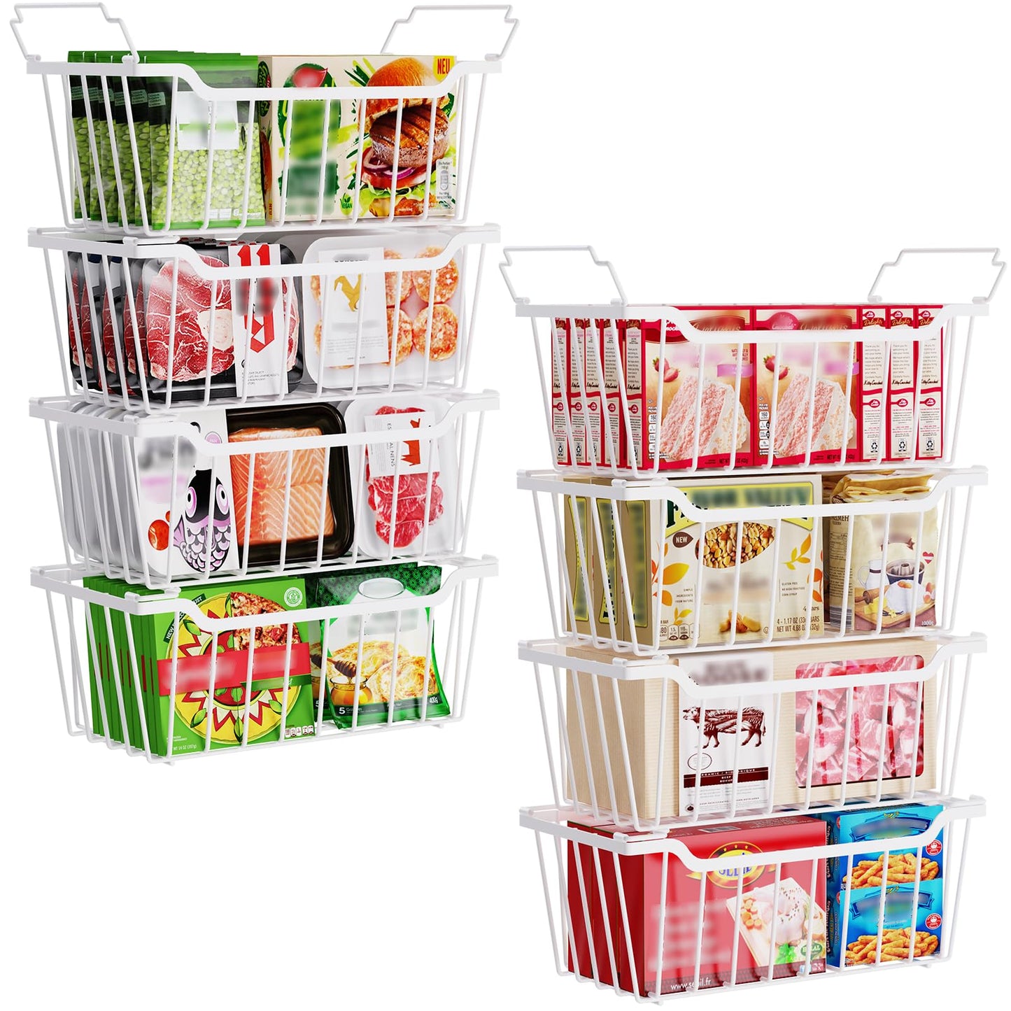 SUNALLY Freezer Organizer Bins, 8 Pack Chest Freezer Organizer Stackable for 5-7 Cu.FT Deep Freezer Sort Frozen Meats and Food, Freezer Storage Baskets with Handles Easy Reach from Bottom, White