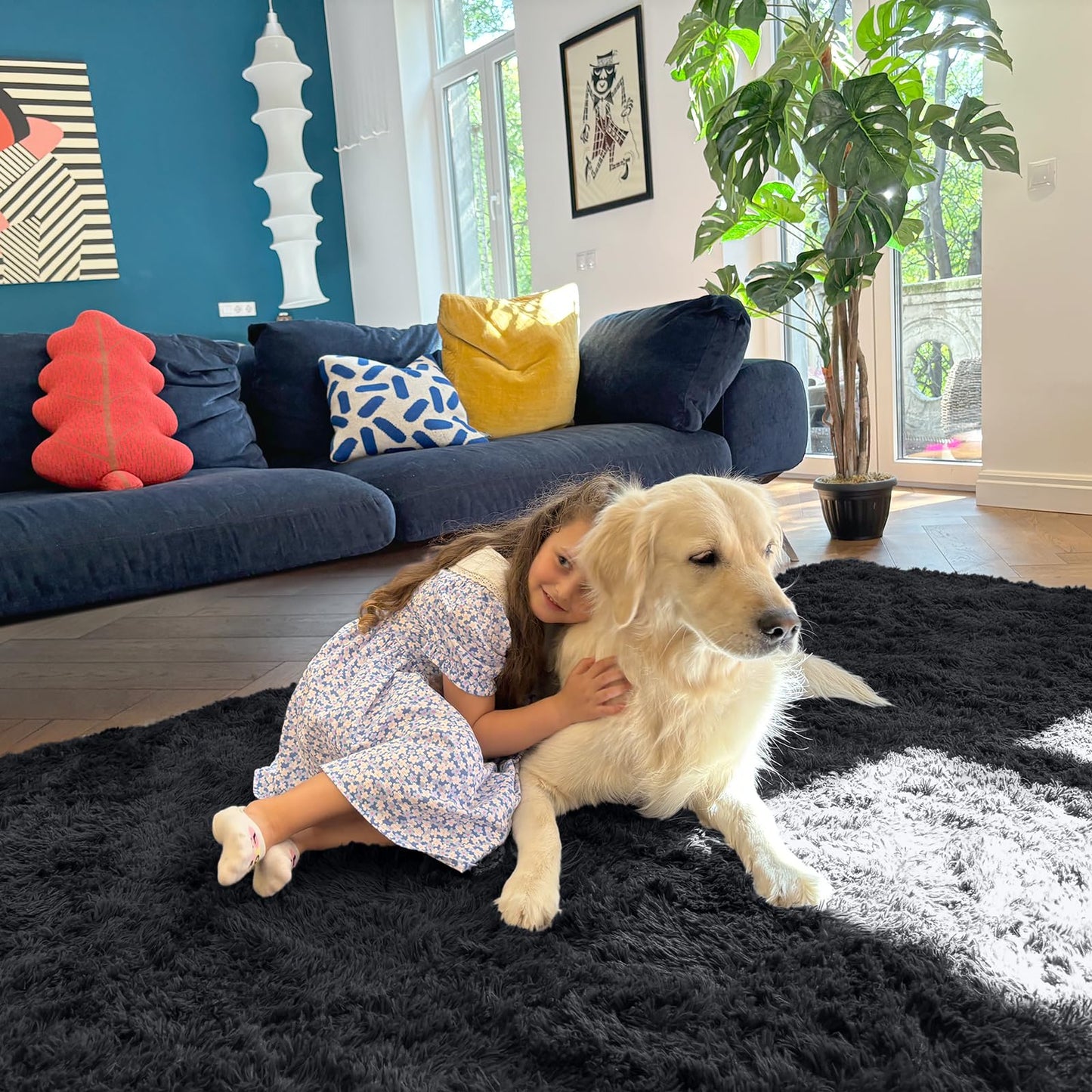 OLANLY Fluffy Area Rug for Living Room Bedroom, 4x5.9 Feet Soft Shaggy Non-Slip Carpet, Indoor Modern Plush Area Rugs for Kids Girls and Boys, Dorms, Nursery Rooms, Home Decor, Black