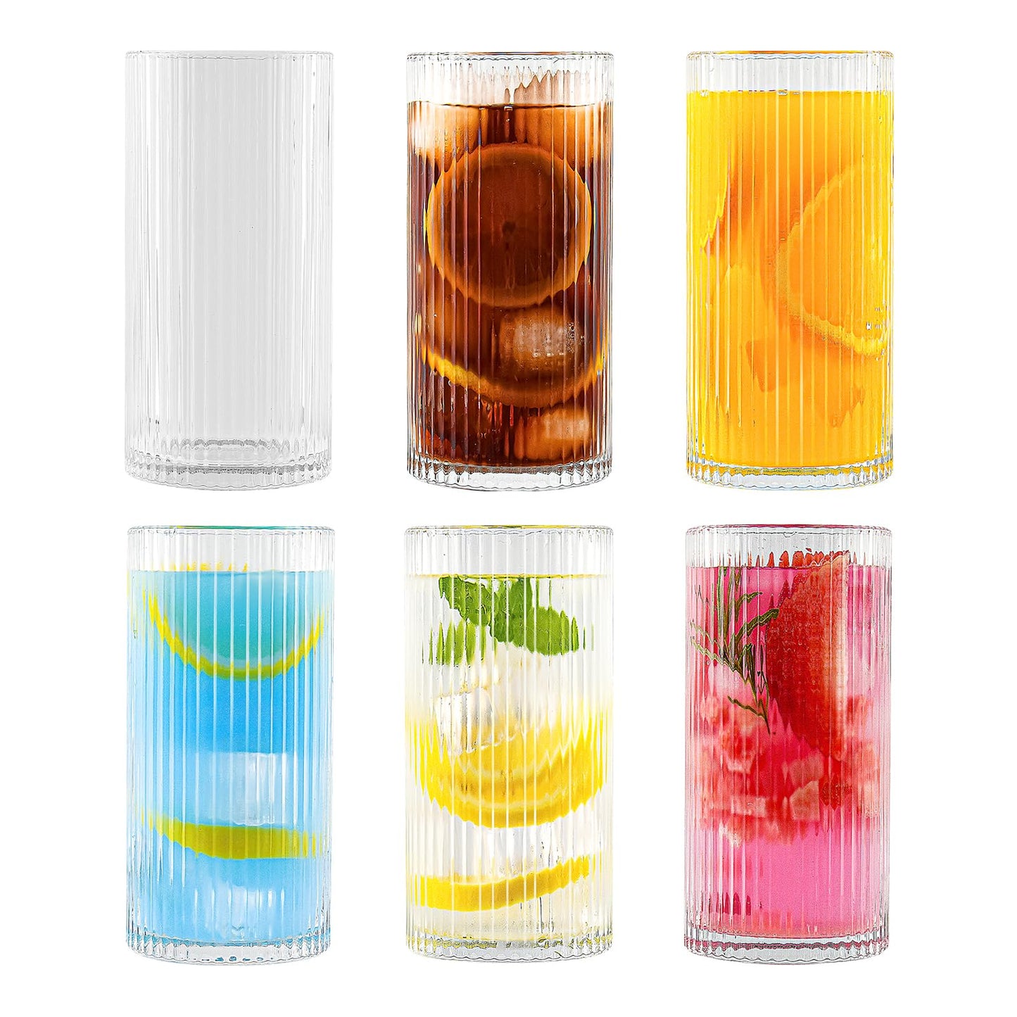 ZMOWIPDL Ribbed Glassware Vintage Drinking Glasses with Straws Set of 6,Clear Fluted Ripple Glass Cups 12oz,Ribbed Iced Coffee Cups for Cocktail, Whiskey, Beer, Juice, Water