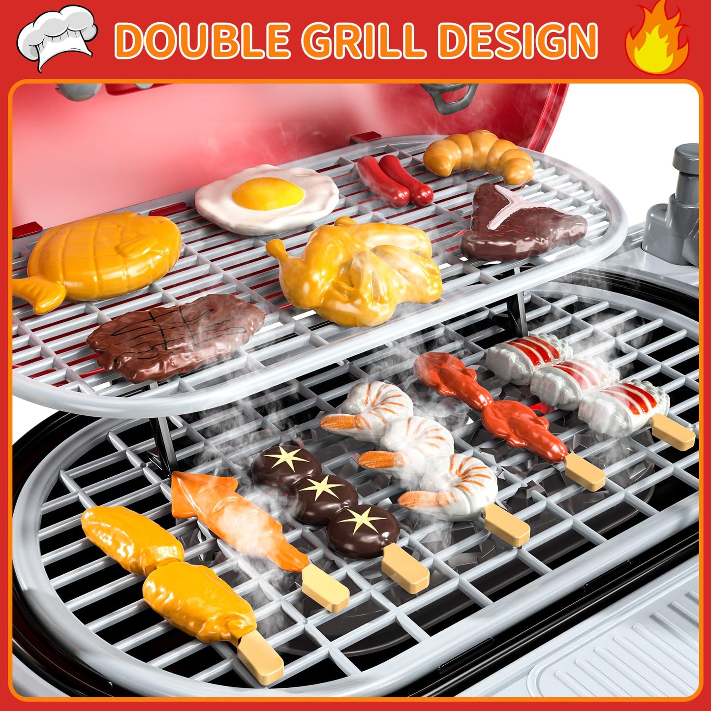 Blmukce Kids Grill Playset, 2-Layer BBQ Play Kitchen Set for Toddlers 3-5 with Smoke, Sound & Light Interactive Outdoor Kitchen Cooking Toy Grill Christmas Birthday Gift for 4 5 6 Years Old Boys Girls