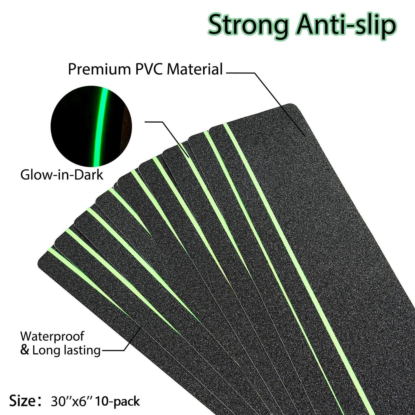 COSIMIXO 30" X 6"(10-Pack) Anti Slip Traction Treads with Glow in The Dark Stripe,Best Grip Tape Non Skid, Outdoor Anti-Skid Tape, High Traction Friction Abrasive Adhesive for Stairs Step