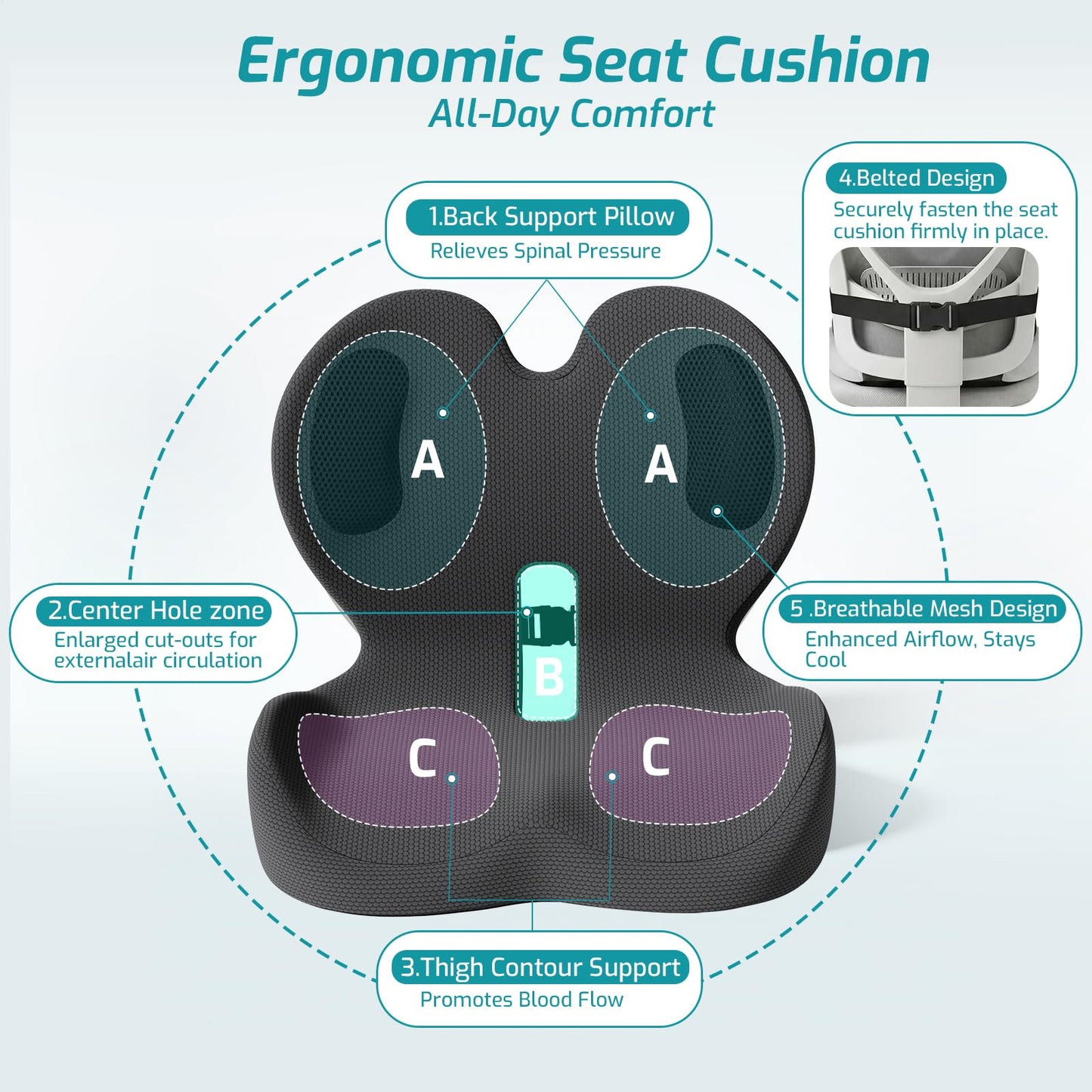 Memory Foam Seat Cushion with Lower Lumbar Support - 3-Inch Car Booster for Shorter Drivers & Ergonomic Orthopedic Cushion Back & Sciatica Pain Relief for Truck RV Office Chair (Black Grey)