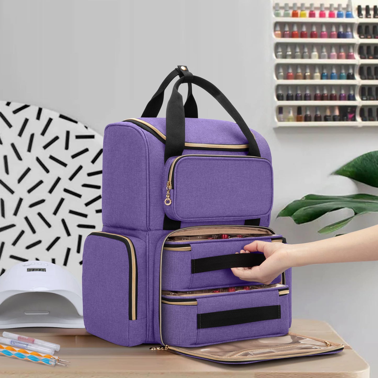 Luxja Nail Polish Organizer (Backpack Version) Holds 70 Bottles and a Nail Lamp, Travel Nail Polish Bag with 2 Removable Cases and Tools Storage Pockets (Patent Pending), Purple