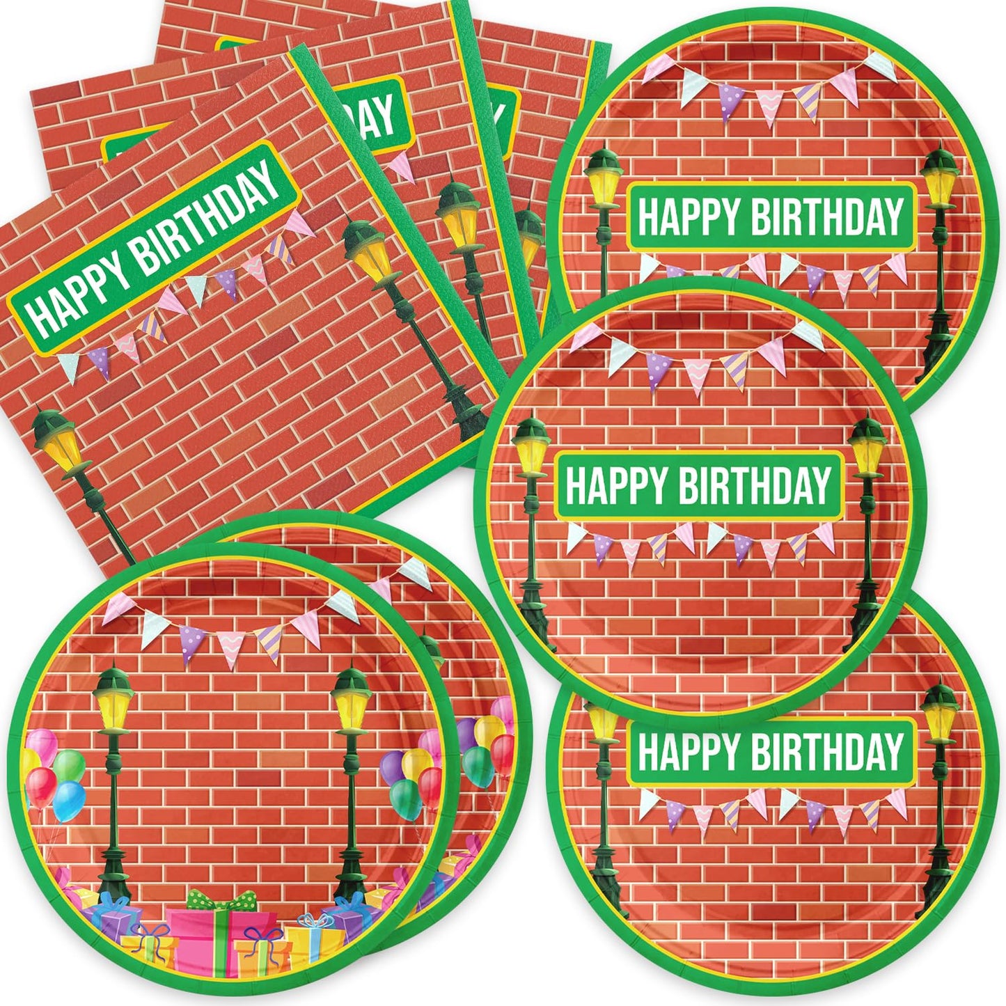 Aulecoo 40Pcs Sesame Friends Street Birthday Party Supplies Sesame Plates Napkins Tableware Dinnerware for Kids Boys Girls Birthday Baby Shower Sesame Brick Wall Party