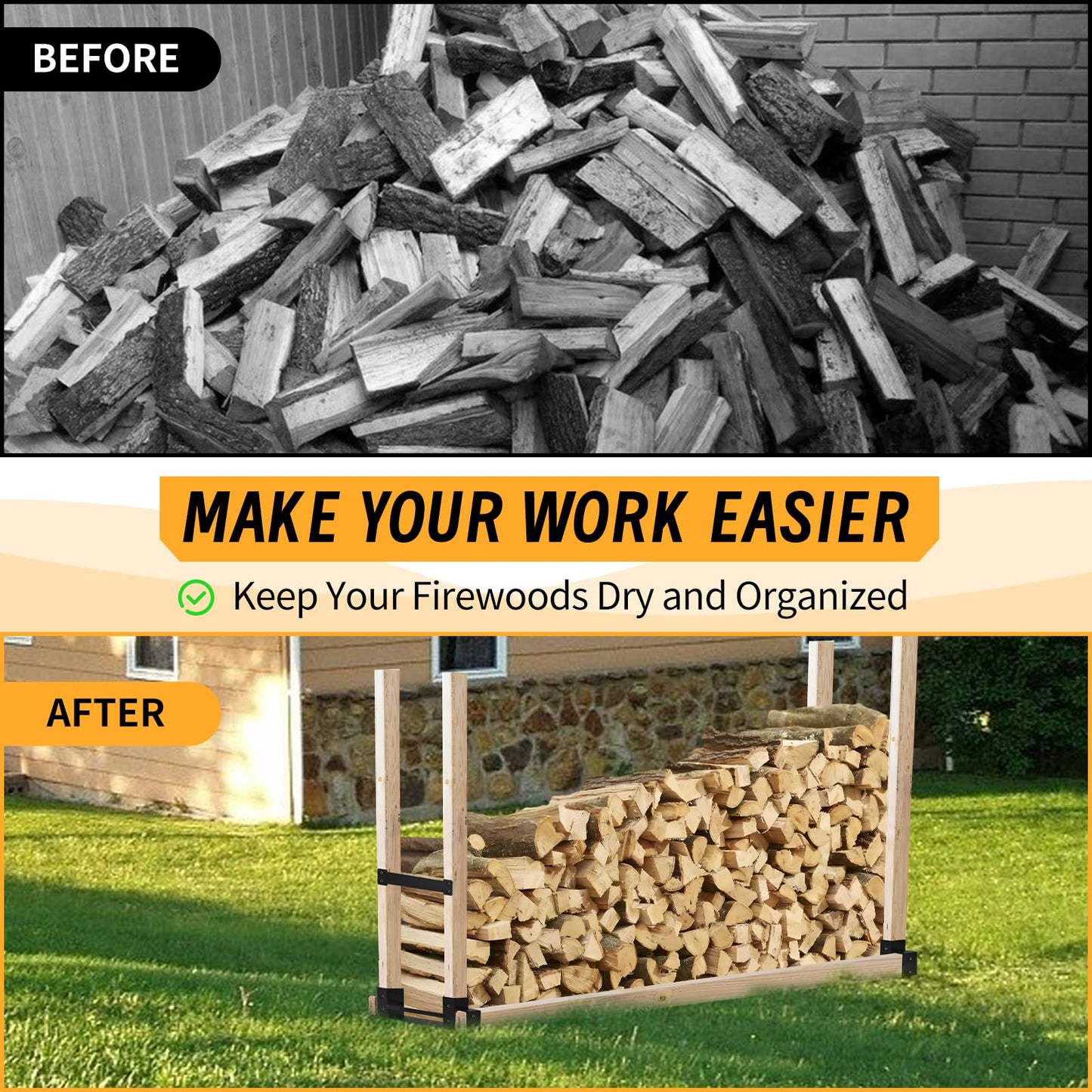 Onlyflame Firewood Rack Brackets Kit - Heavy Duty Steel Log Rack Bracket for Log Holder - Adjustable to Any Length Station Firewood Bracket for Outdoor Indoor Patio Deck Metal Wood Storage with Screws