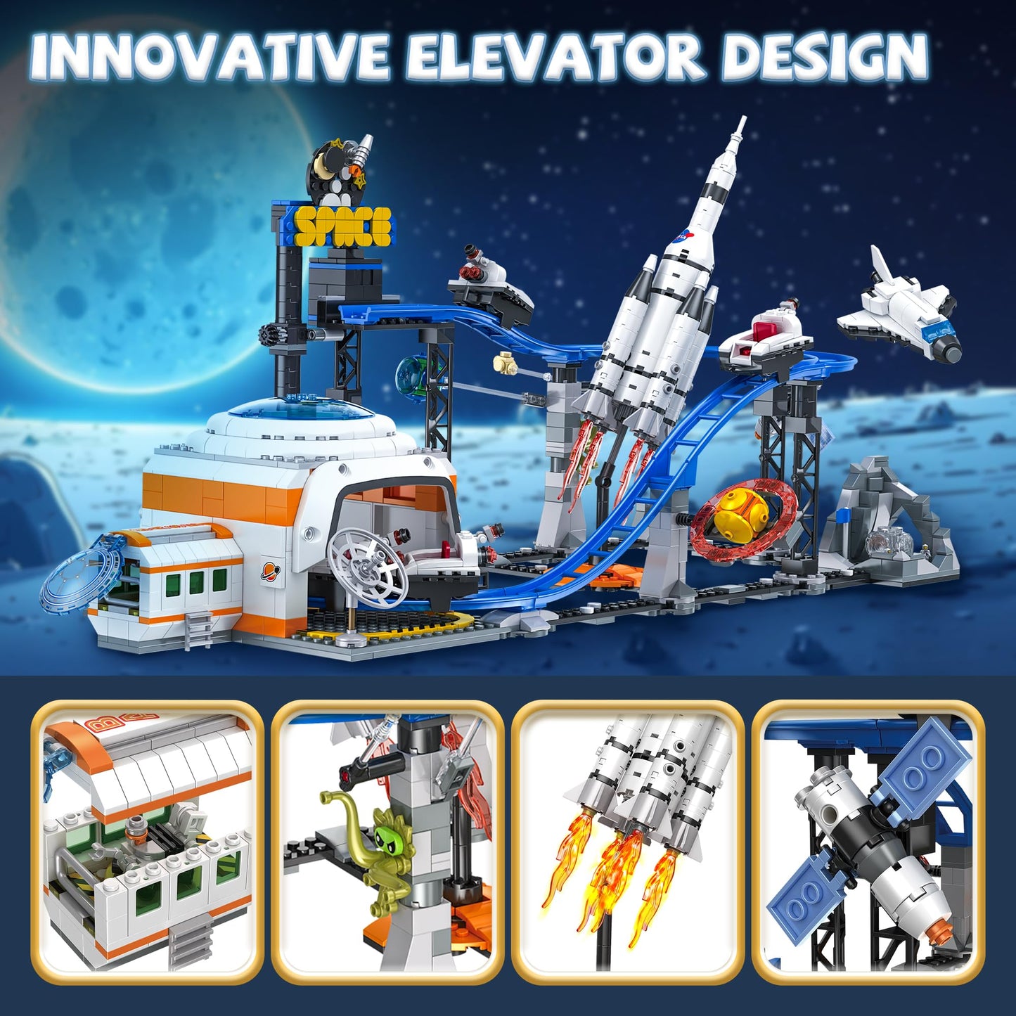 Space Roller Coaster Building Set for Boys 12-14, City Amusement Park Block Featuring Lift Platform, Satellites, Rocket for Kids Ages 12+, 1288Pcs