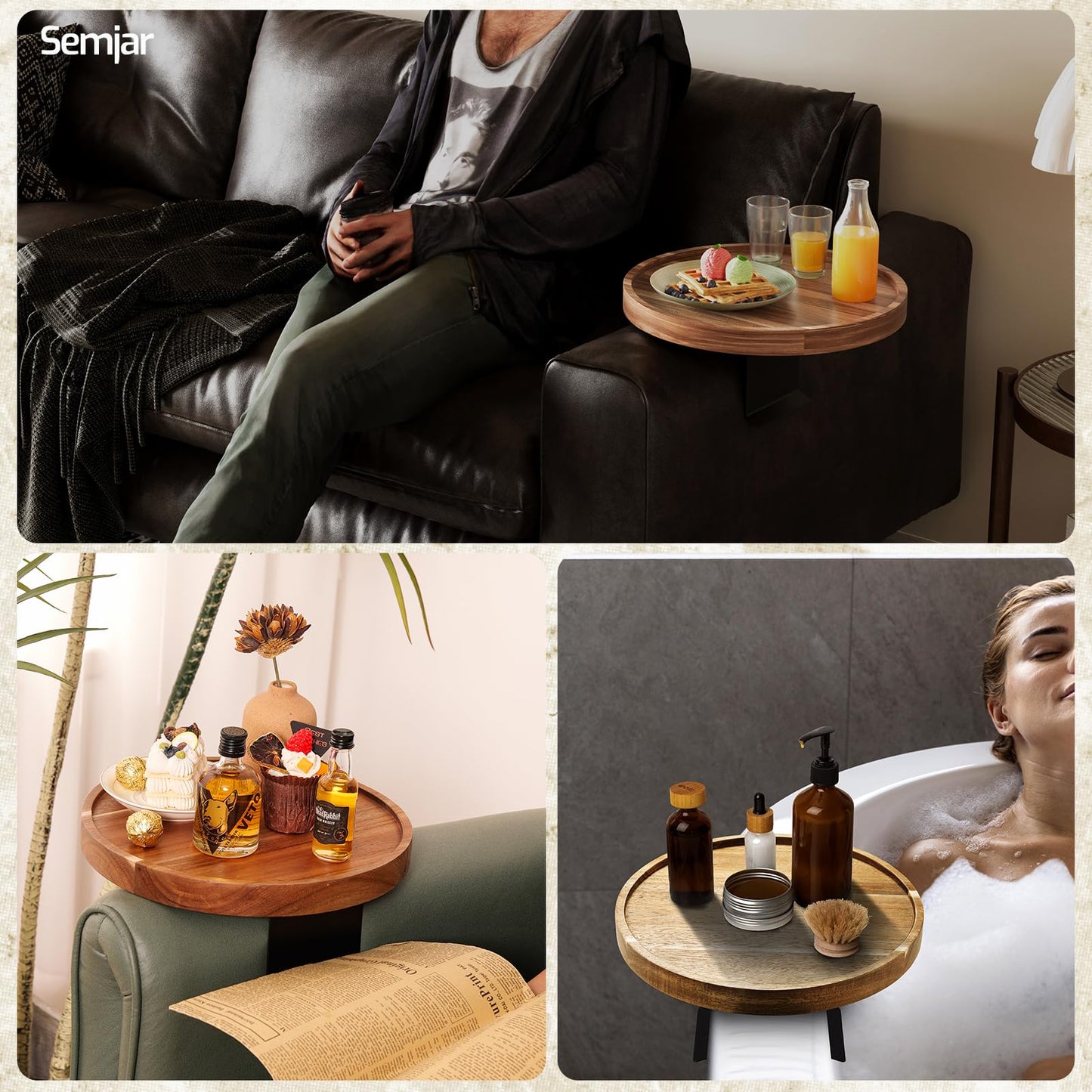 Semjar Acacia Wood Couch Arm Table,Adjustable Round Sofa Arm Tray,Wooden Chair Armrest Tables for Wide Thin Couches Arms,Trayble Couch Companion Armchair Table for Eating