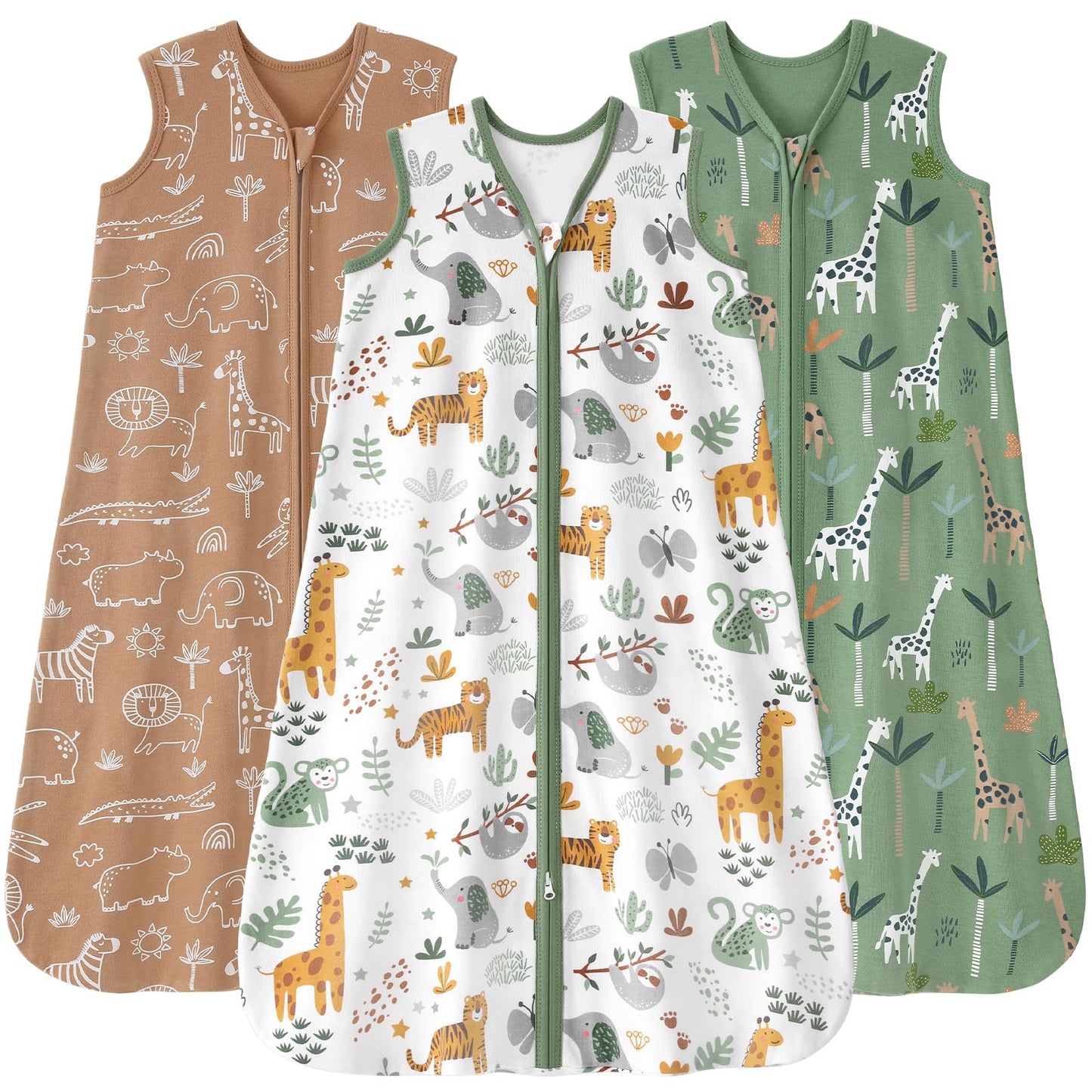 FIEMOL Baby Sleep Sack 6-12 months, 100% Cotton Sleeping Sack for Newborn and Infant, 3 Pack Baby Wearable Blanket, 0.5 Tog Lightweight Double Zipper Sleep Bag Green Brown Giraffe
