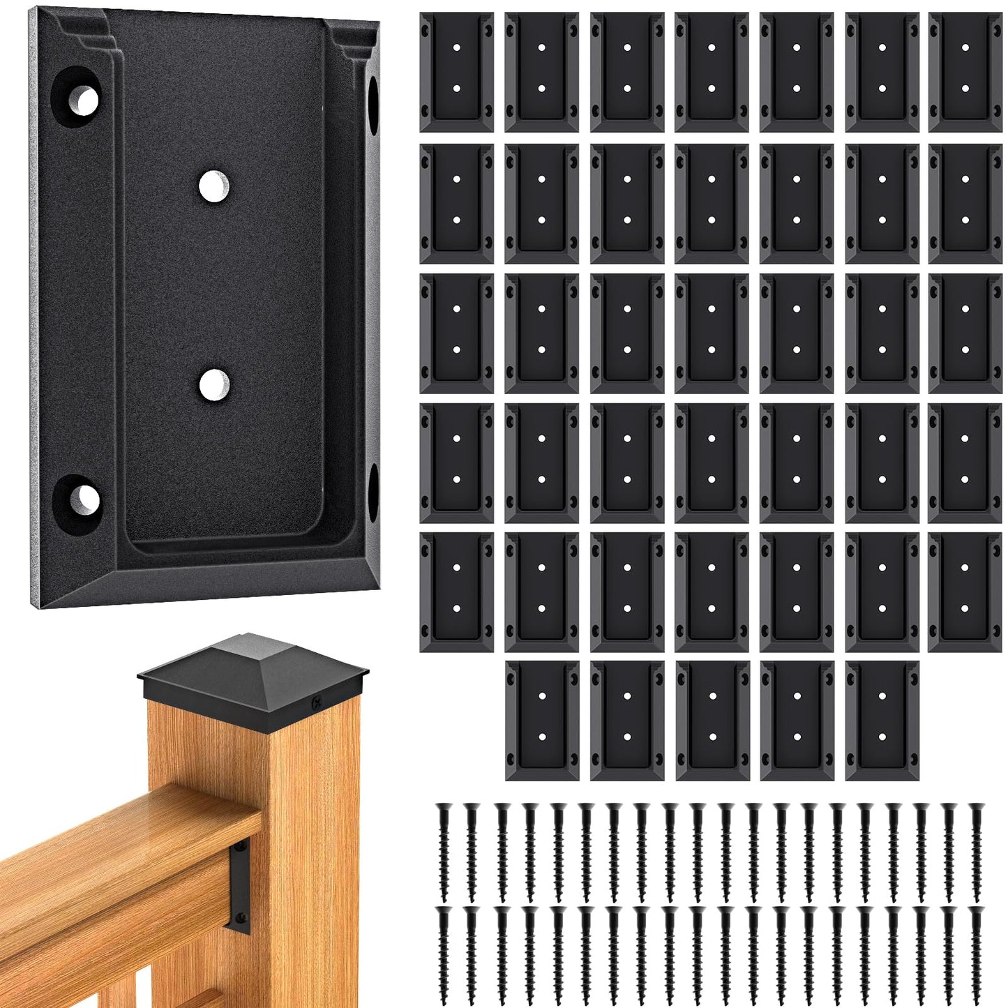 Goovilla Deck Railing Bracket Connectors, 2x4 Brackets for Railing Wood Lumber Post, 40 PCS Sturdy Nylon Deck Post Bracket with 240 PCS Coating Screws for Wooden Stair Fence Railings Handrail, Black