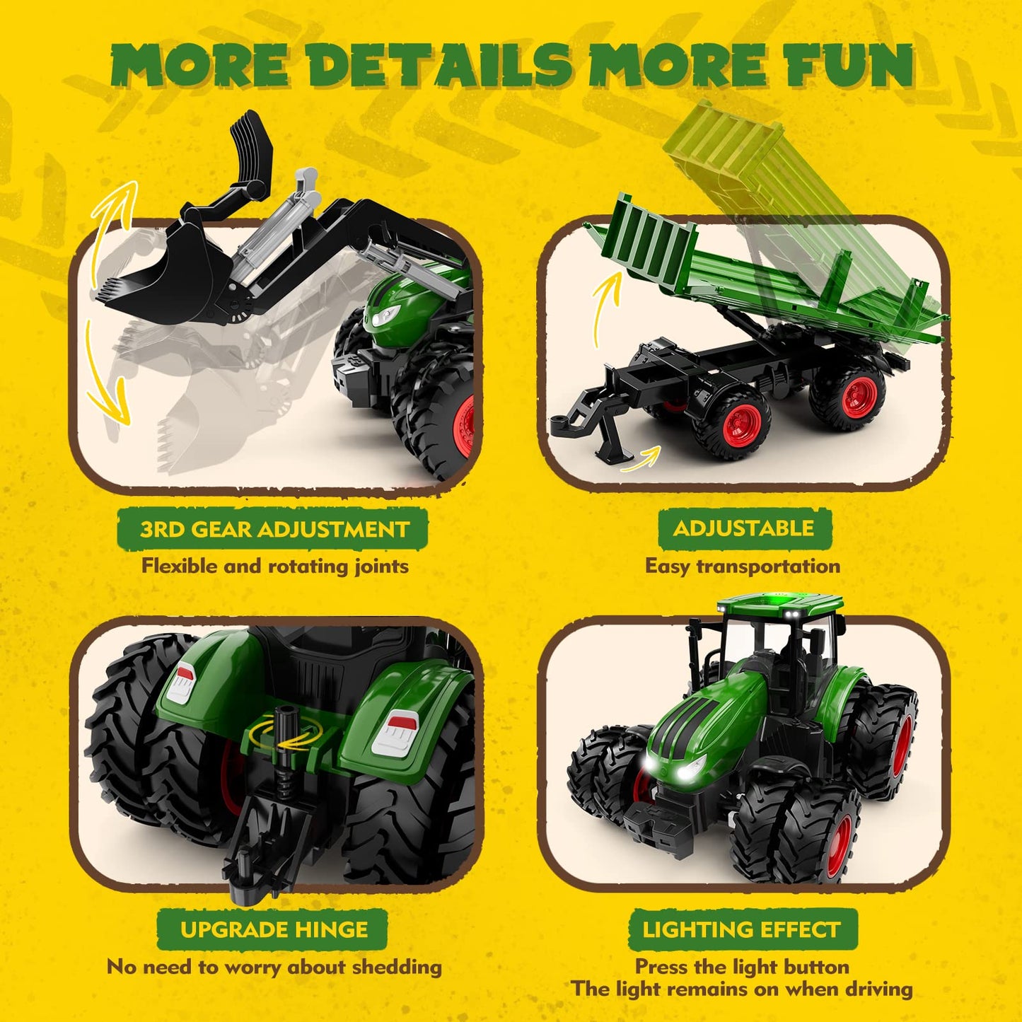 WELIN Remote Control Tractor and Trailer Toys - Rechargeable RC Tractor Playset with Metal Car Head/Lights/8 Wheels, Green Farm Truck Vehicles Toy Set, Birthday Gifts for Kids Boys Ages 3+