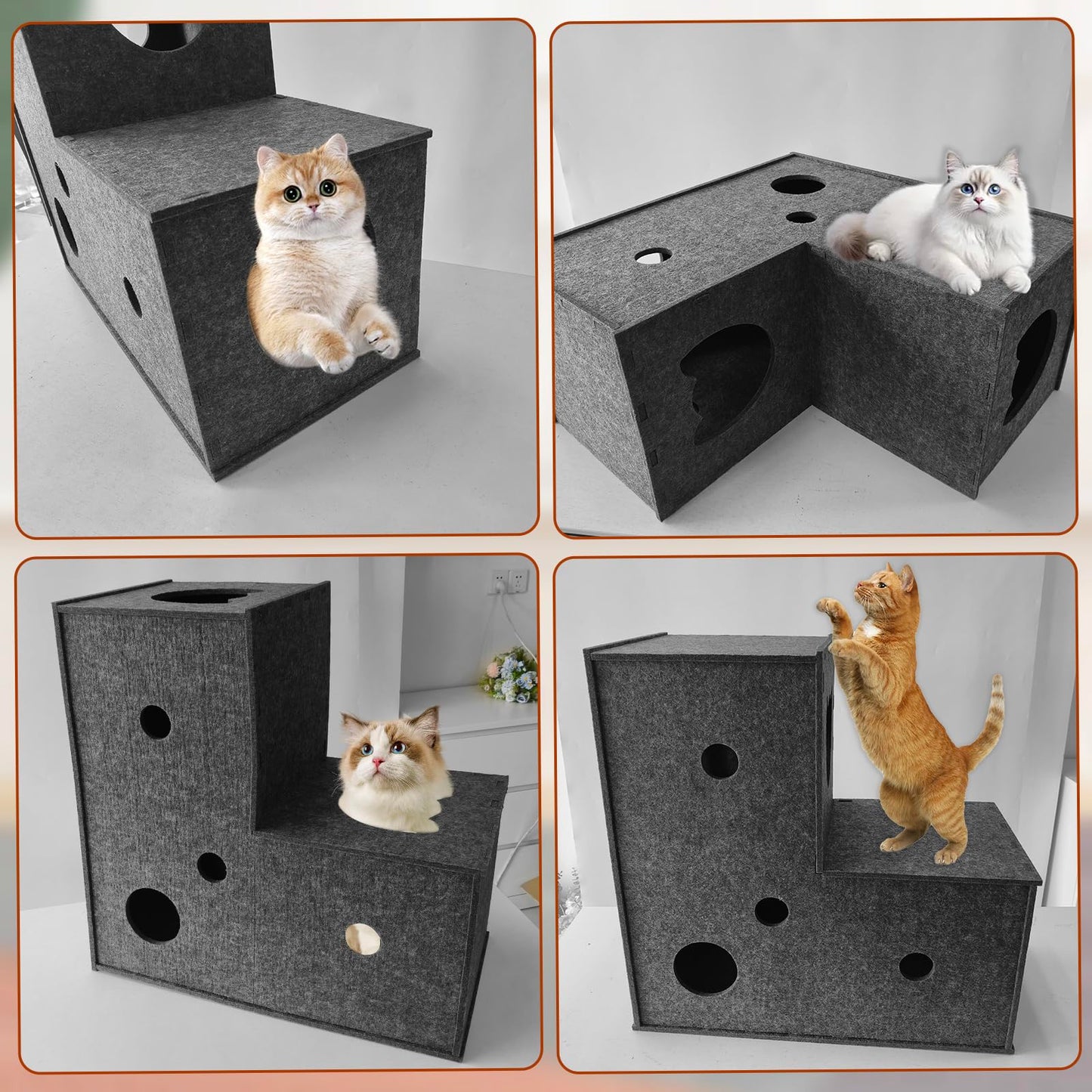 Cat Tunnel for Indoor Cats,DIY Transformable Cat Hideaway Cave,Kitten Play Tubes and Tunnels,Felt Peekaboo Cat Toy with Interactive Peek Holes (Grey, L-Shape Tunnel)