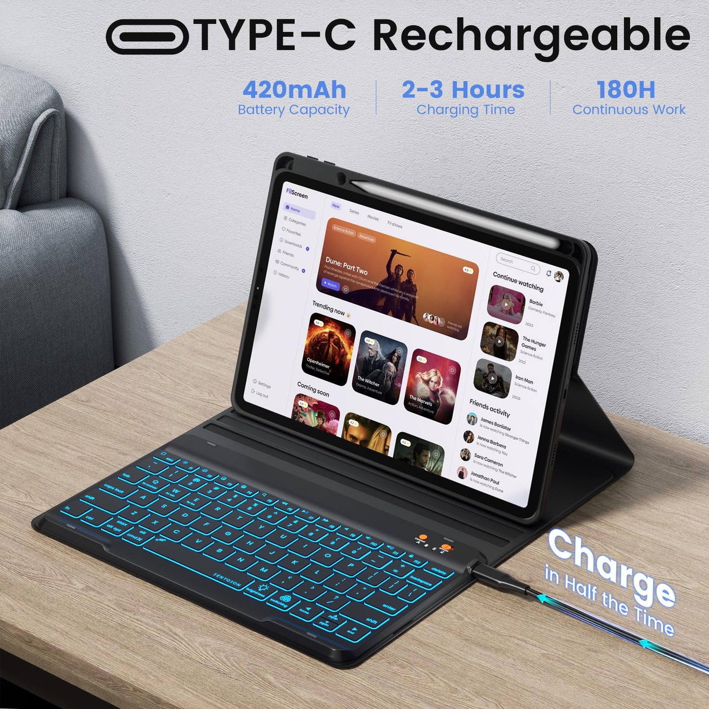Keyboard Case for iPad (A16) 11th/10th Generation 10.9 Inch (2025/2022), Detachable Folio Keyboard Cover with 7 Colors Backlit Wireless Keyboard Pencil Holder