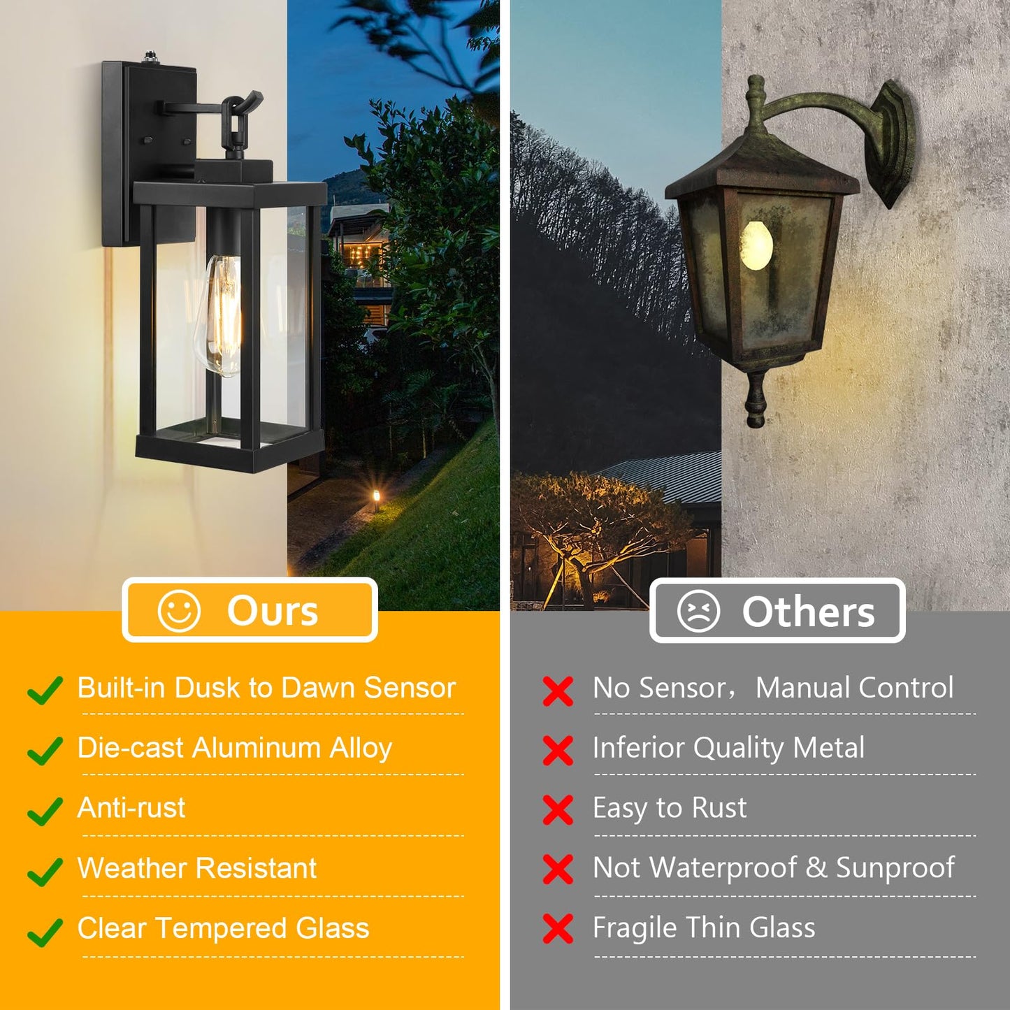 TOPKDA 2 Pack Dusk to Dawn Outdoor Light Fixture, Modern Outdoor Wall Light with Tempered Glass, Anti-Rust Aluminium Exterior Light Fixtures Wall Mount, Black Outside Lights for House, Porch, Garage
