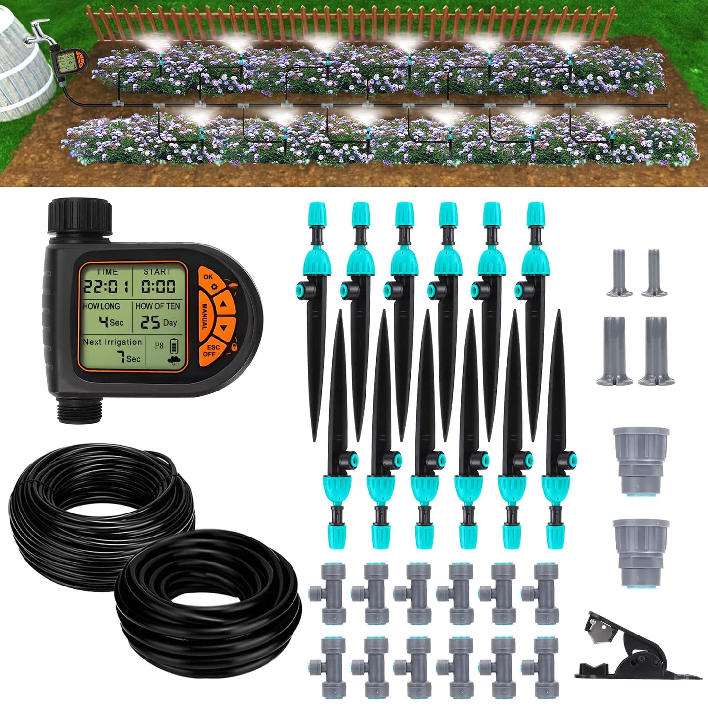 120FT Drip Irrigation System with Water Timer,Automatic Garden Watering Kit with Hose & Adjustable Nozzles, Smart Irrigation System for Greenhouse, Lawn, Yard & Plants
