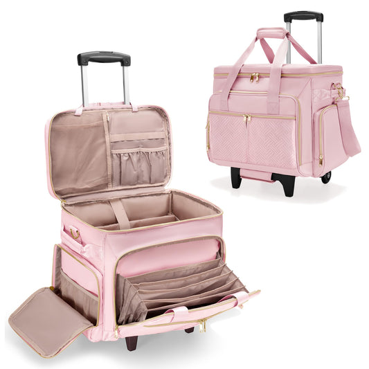 Prokva Rolling Teacher Bag with Wheels, Teacher Tote Bag with Detachable Trolley, Fits for 15.6" Laptop, Pink (Patent Design)