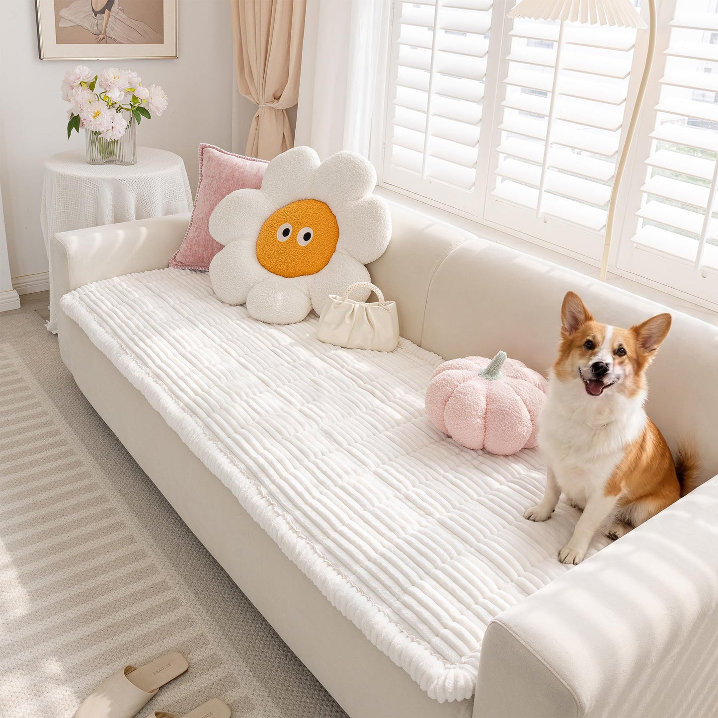 Cshionary Couch Cover for Dogs, Washable Dog Couch Cover for 3-Cushion Sofa - Soft Plush Pet-Friendly Furniture Protector with Non-Slip Backing (White, 210x70cm)