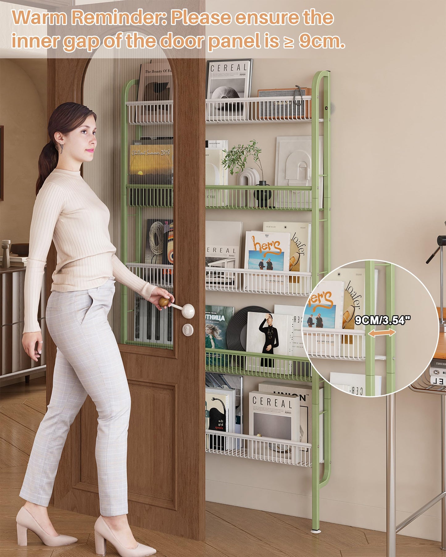 UMDONX Narrow Metal Storage Shelf Behind Door Organizer 5 Tier, Bookshelf Bookcase Book Rack Bathroom Shelving Unit Multifunctional (Green 82x9x160cm)